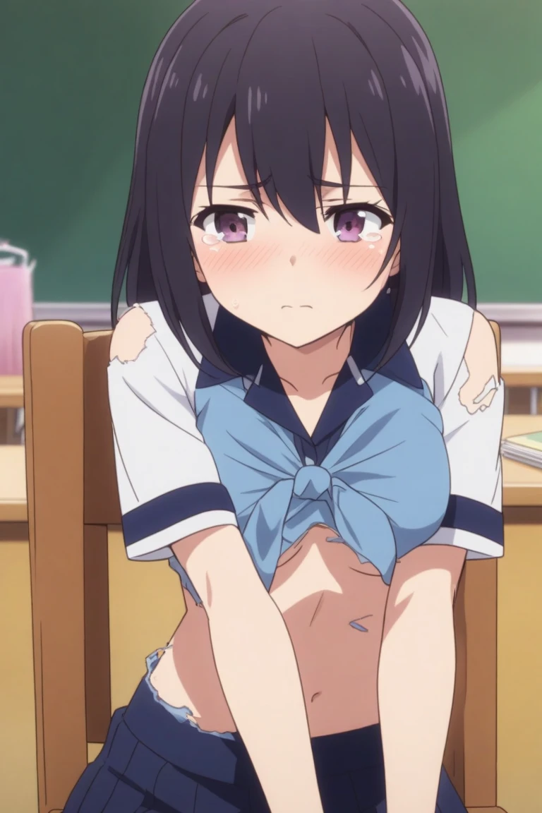 (best quality, masterpiece:1.2), 1girl, (((masterpiece))), (((full body))), top-quality, top-quality, High Details, nakano azusa, 1girl, Cafe waiter uniform, Twin-tailed, length hair, A dark-haired, brown-eyed, solo, reddish, thin red ribbon, Solid white buttoned shirt under blazer, illustratio, comic strip, soothing tones, Subdued Color, Soft cinematic light, adobe lightroom, photolab, HDR, intricately and hyper-detailed、(((depth of fieldasterpiece)))。(((top-quality))).)((ultra-detailliert)))。(((illustratio)))。(((takeout))).dynamic focus.big breasts.(((kitchen))).(((A home))).(((Face of happy smile))). Close eye, open mouth.(((put hands on the stomach))).(((up chest))).((morning glow)).((the setting sun)), solo, anime, anime screencap, ray tracing, ultra resolution image, vivid color,  cinematic light,  lens flare,  light on face, glow eyes,  depth of field, happy, detailed background, cute,  straight-on, dive dress, navel,