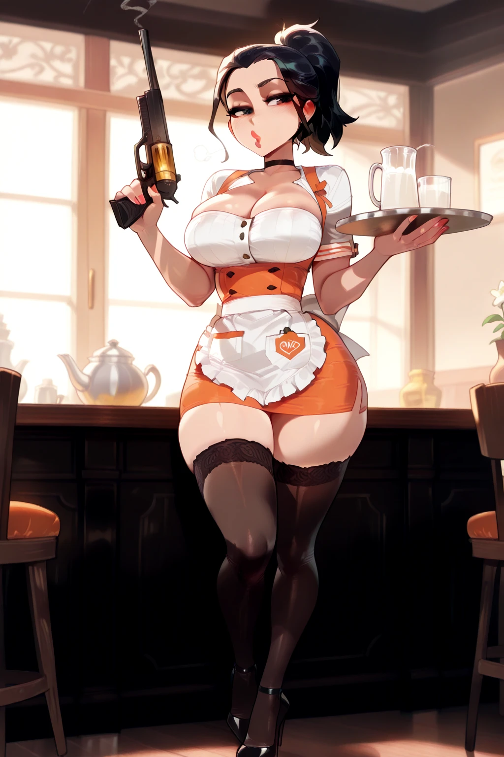 hot, sweating, sweaty, slight tan, big boobs, tan skin, flustered, blush, buny suit, bunny suit, black hair, ponytail, bunny girl, black suit, fishnet stockings, hot, in bar, plump, fishnet stocking, club, playbunny, emberased, beet red cheeks, liquor, bar, beer