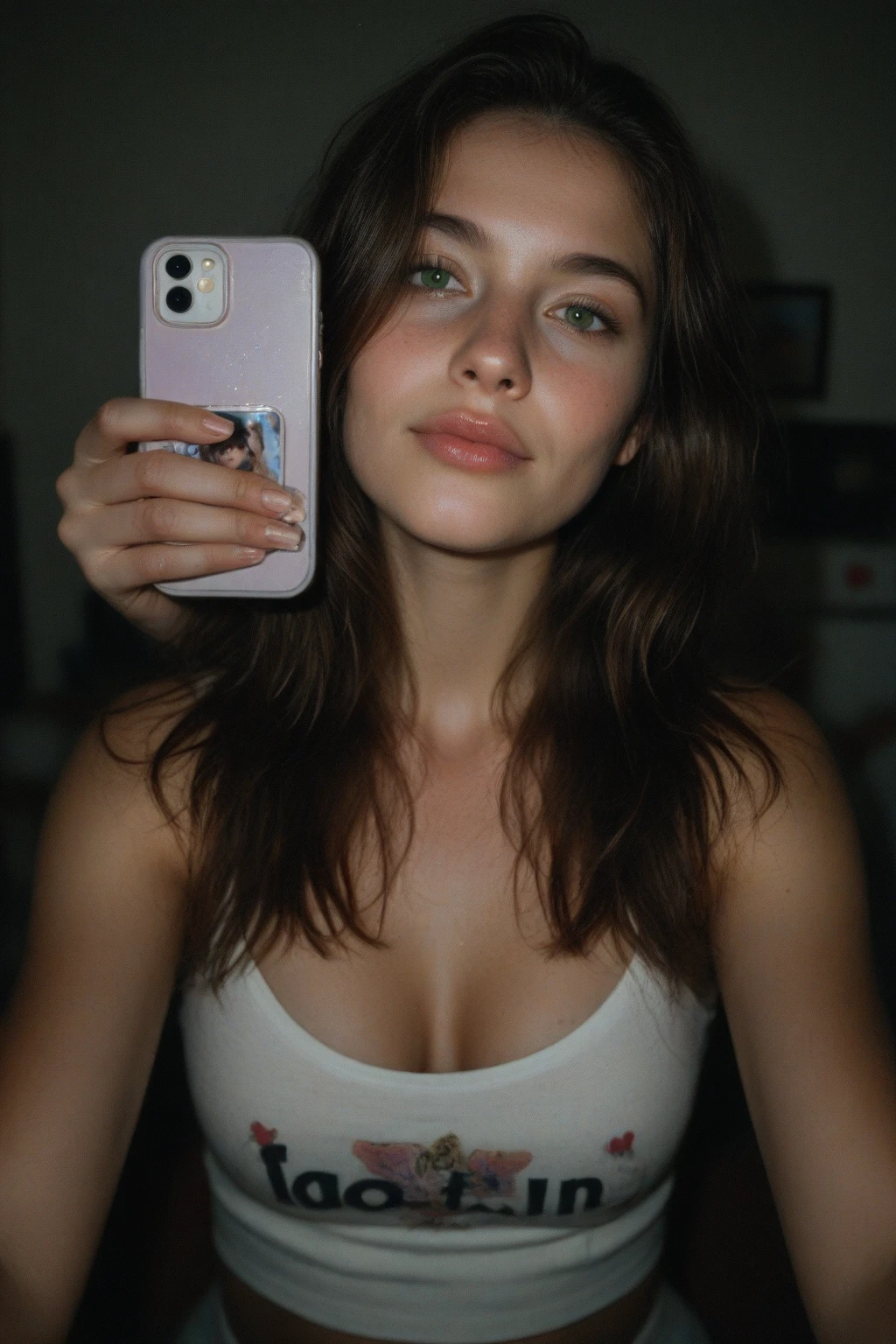 Pretty beautiful Serena in a selfie shot, 25-year-old, 1.76 meters tall, measurements 95-60-90, who expresses charm, sensuality and elegance in her poses, big fluorescent green eyes, magnetic gaze, freckles, two buttery and big red fleshy lips, very long ultra red hair, full-bodied and wavy, make-up natural with particular emphasis on the eyes and lips, wears an extra-large white men's shirt that reaches up to her thighs with nothing underneath, and accessories that match the color of her ultra red hair.