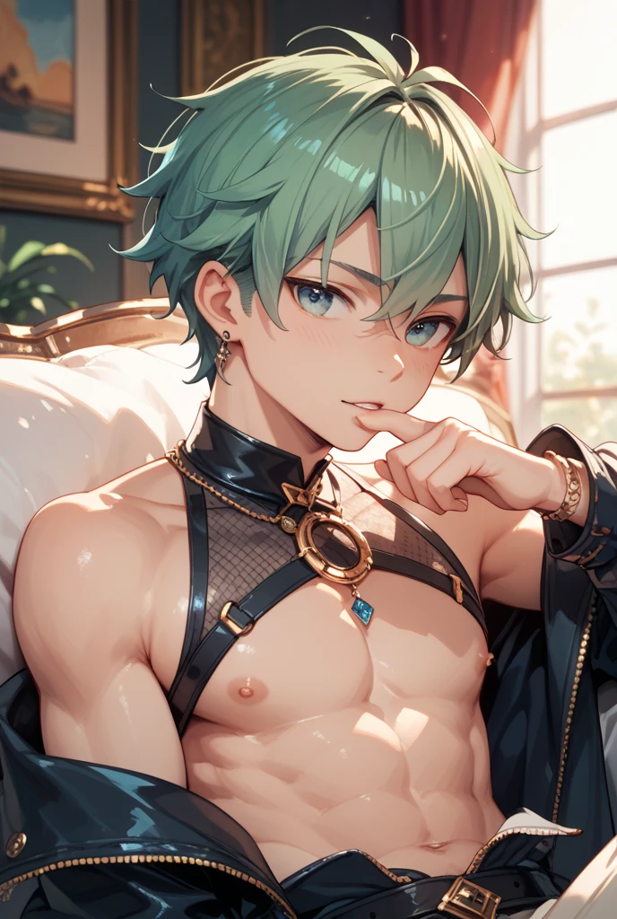(hyper-realistic digital illustration), hires, best quality, boy wearing micro thong, full mast, erect bulge, see-through thong , underwater world, wide angle, swimming, athletic body, male, iridescent skin, flat chest, green hair styled in spikes, determined expression, bioluminescent lighting, small waist, broad chest, big mane, slim scruffy, muscular