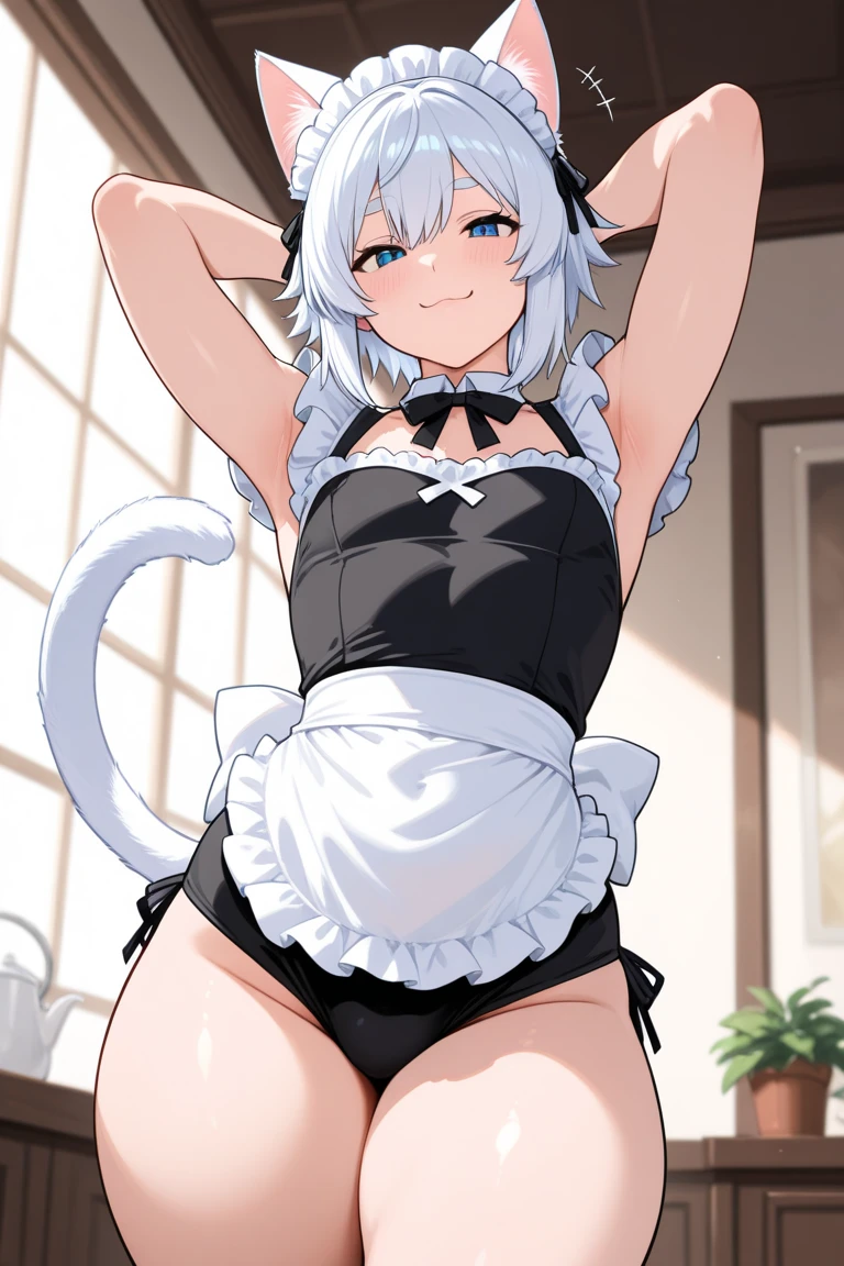 (((SHARP detail perfect face))), big breasts, (nice hips), detailed skin, ((masterpiece)), best quality, (SHARP details), 4k, ((female gladiator)), ((dark skin)), (cat ears), (cat tail), (platinum hair), (slave collar), ((wearing nothing but a (housewife apron))), amber eyes, looking at viewer, standing, (tall woman), long hair, tomboy, (mature woman), ((Woman taller than viewer)), grinning at viewer, (thick platinum pubic hair), wall, (kitchen), (facing viewer), (steam),