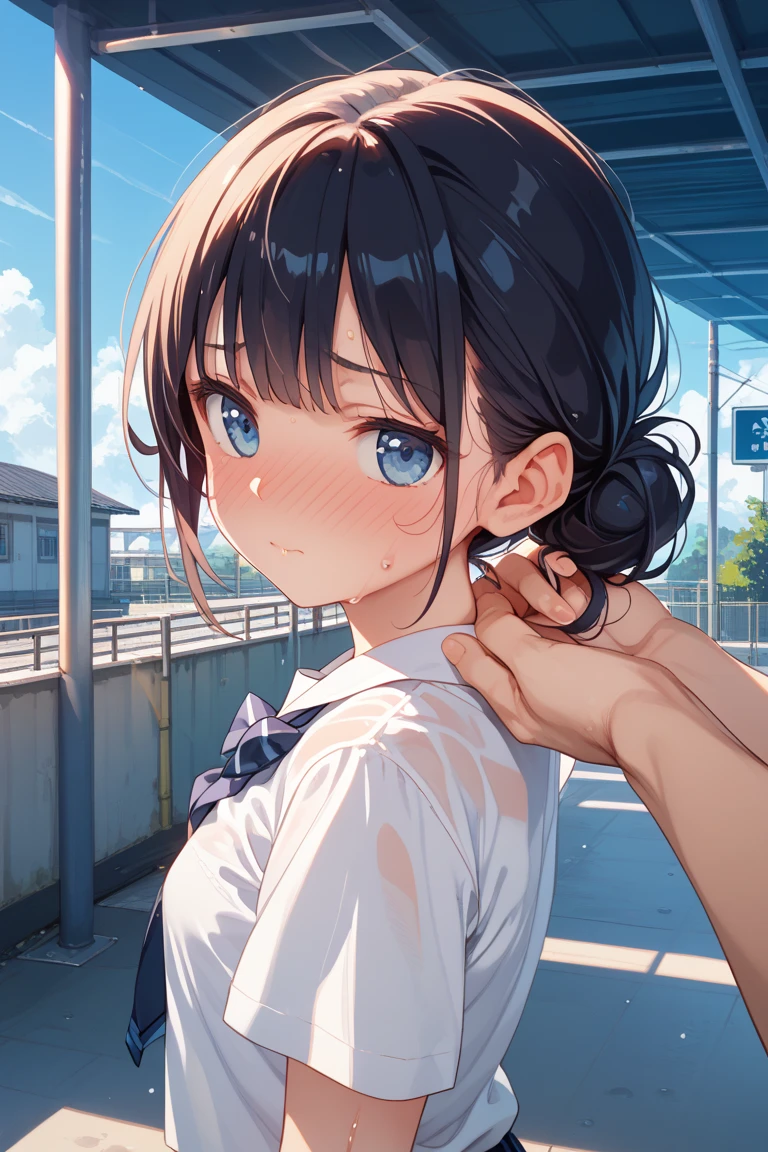 score_9, score_8_up, score_7_up, source_anime, best quality, masterpiece, official art, absurdres, highres, ultra-detailed,waifu2x,Collection: Slice of Life,break,1girl, short hair, spiked hair, blue eyes, bike shorts, purple shirt, (white shirt), fingerless gloves,small breasts, sweat, (nipple:0.6), sweat, saliva, (yawn:0.5),blush,penis, twitching penis, oral sex, rape, felatio, hand on girl's head, cum, motion lines,projectile cum, facial, bukkake, hot breath, sound effects, outdoors, alley, break,(clear line illustration:1.2), super detailed skin,very high resolution, very aesthetic, Best sexual lighting powered by famous artist, 8k,cute picture,beauty illustration,photoshop_(medium),,(Detailed Lighting),best anime 8k konachan wallpaper, pixiv contest winner,