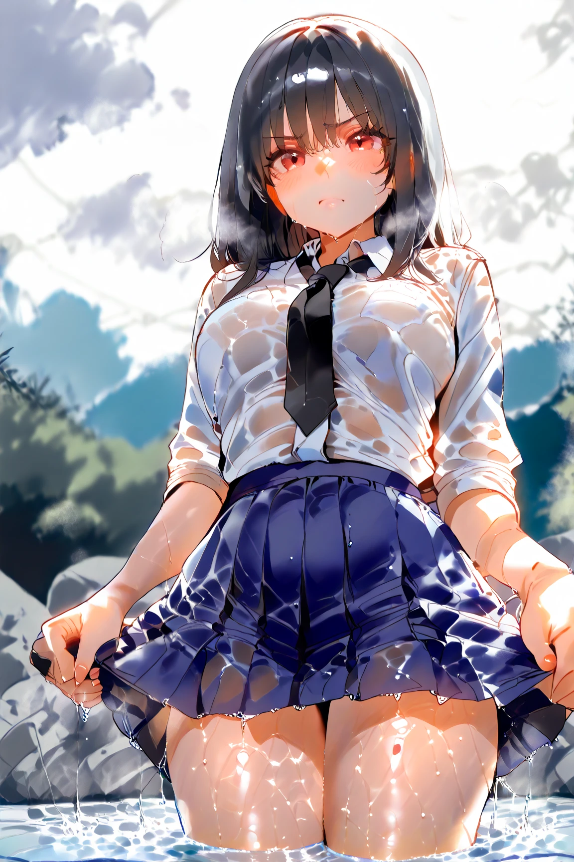 best quality,1girl,((little girl,small breasts,loli:1.3)),curvy,((orgasm,blush:1.3)),angry,sweat,Arisu Tachibana,black hair, long hair,hair ribbon, ((white shirt,blue skirt,mini skirt,lift skirt,upskirt,kneehighs,white panties,lace panties:1.1)),((walking:1.1)),forest,forest林