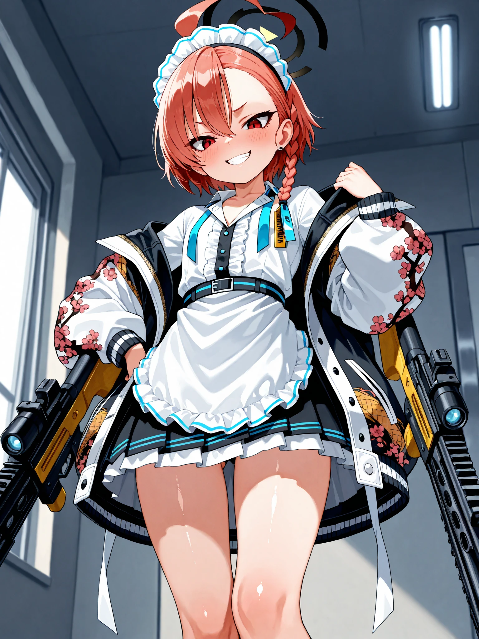 A Female robot is sleeping in the book, spread legs, nude, banzai pose. she wears no dress. She Brown short hair is tied with two big red clothespins, She lifts up the under hem of her white plain dress, leaning over, masterpiece, very short pigtails,brown hair, mature, android, blue eyes, full body figure, Height: 160cm, flushed cheeks, 2020s anime picture, A beautiful robot with short brown hair in two short pigtails held up by two very large huge red clothespins, Uplifting, No NSFW, whole body, barefoot, archaic smile, getting orgasm, 25 years old, sweat bucket.