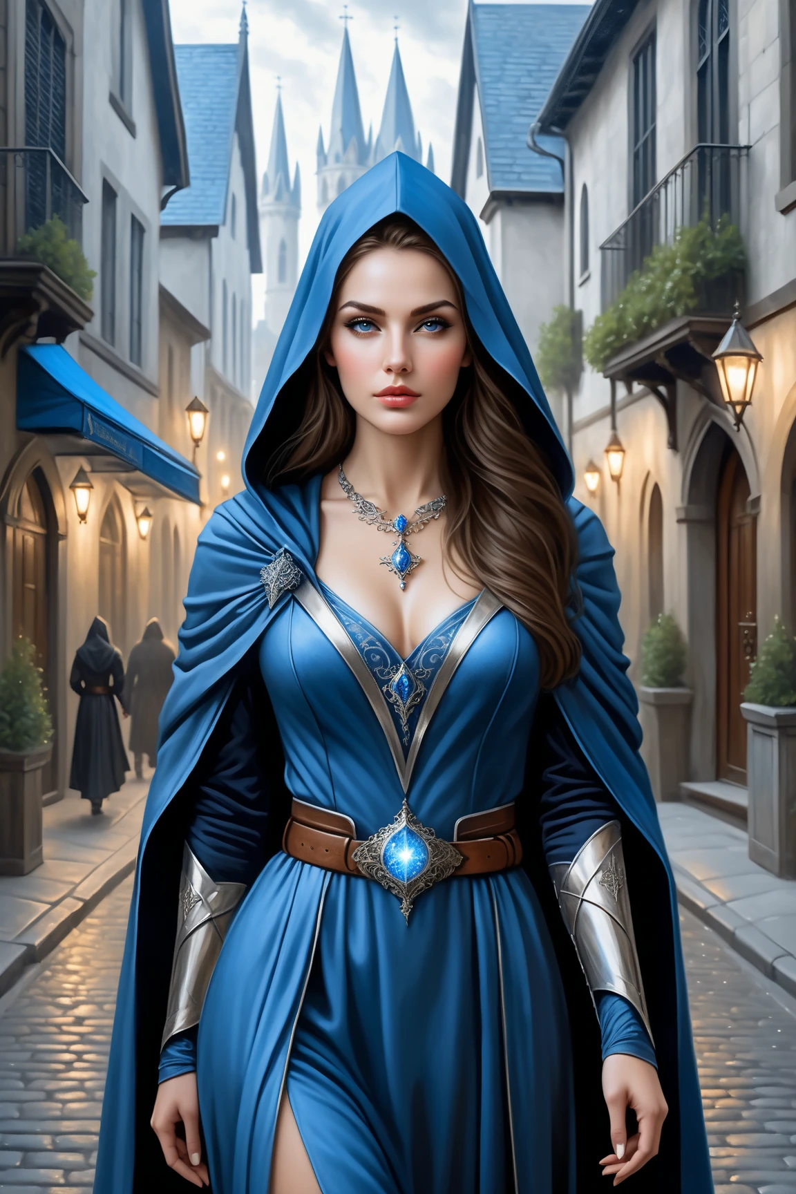 portrait Lily Collins, wearing hijab made of blue with jewelry and diamonds costume, against the background of Burj Khalifa, character portrait, 4 3 9 0 s, wavy hair, intricate, elegant, highly detailed, digital painting, artstation, concept art, smooth, sharp focus, illustration, art by wlop, charlie bowater and alexandra fomina, 36k, glittering, shining, correct anatomy