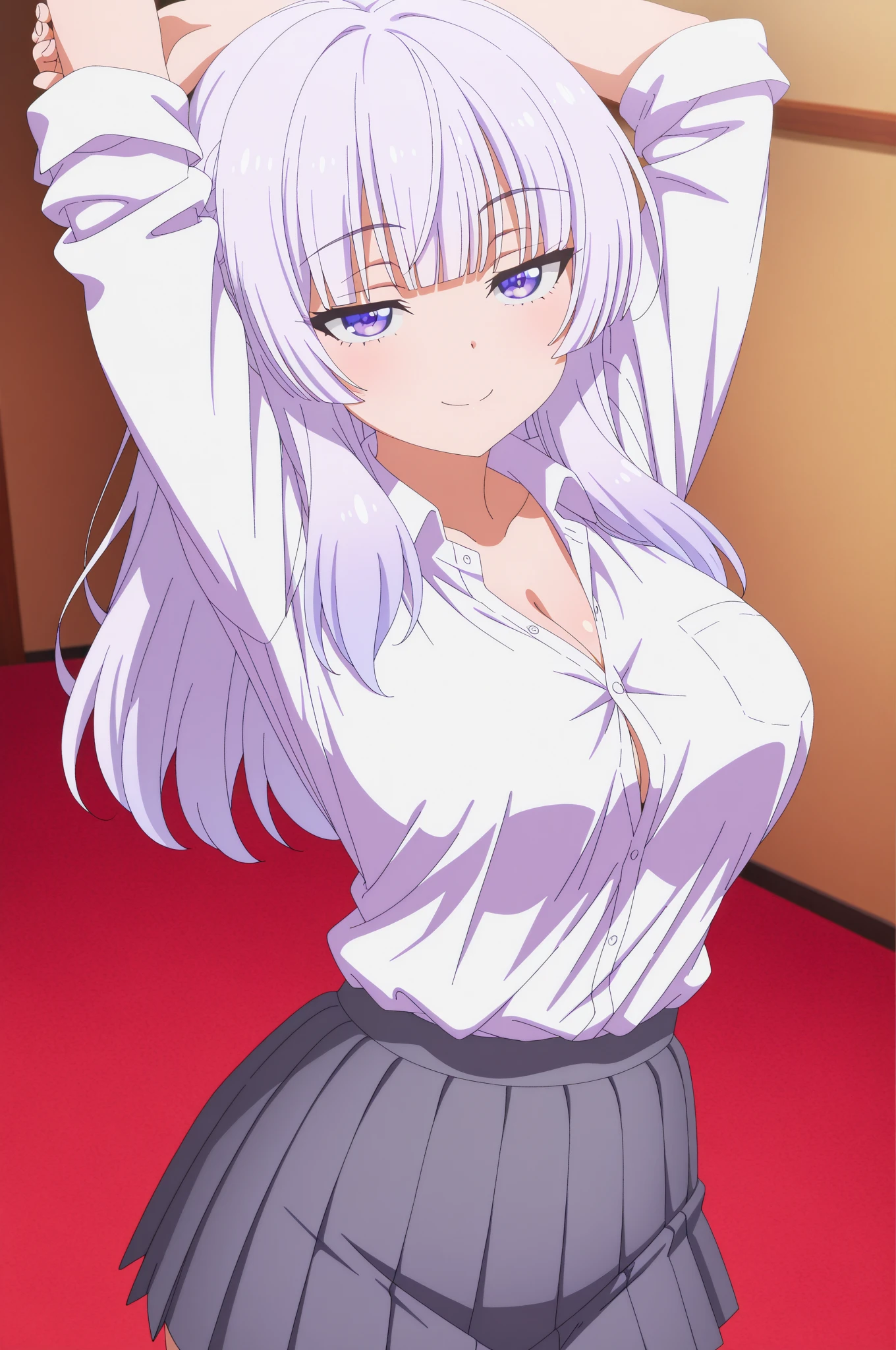 1 girl,amelia (floor plan about:commend),pointed ears,white hair,white hair,very long hair,blunt bangs,purple eyes,alone, Face the observer, view viewer, upper part of body, (((She lifted her shirt, Reveal under her bra))).(Skirt lift:1.3), (thongs:1.1),White panties,.((sit on the chair,spread legs)), bends his knees,spread legs,