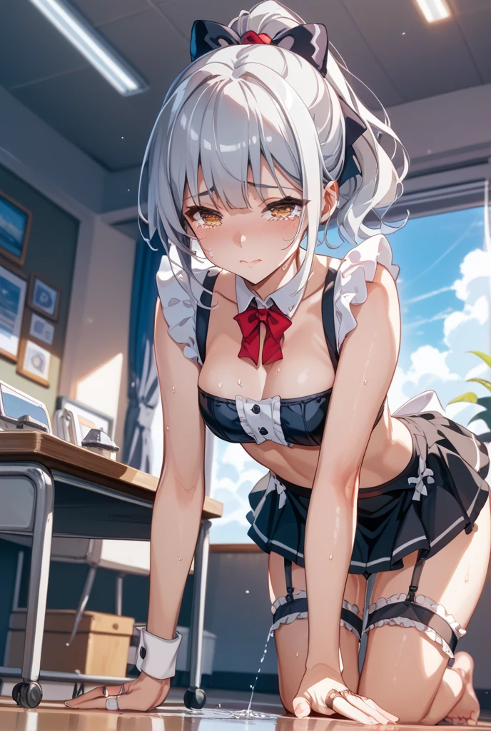 (upper body:1.2),1girl,light smile, solo, touhou, izayoi sakuya, medium breasts, maid, white shirt, puffy short sleeves, frills,Sommelier Apron, maid headdress, blue dress, green bowtie,(from below:1.3),(skirt lift:1.5), ((skirt grab:1.3)), (Skirt that rolls up:1.3),(Fully exposed panties:1.5) ,panty shot,masterpiece,Noise Reduction,perfect anatomy,high resolution, ultra-detailed, ultra-detailed face,game cg,dutch angle ,beautiful detailed eyes,visualart,five fingers, perfect hands, perfect lighting, sparkling pupils,