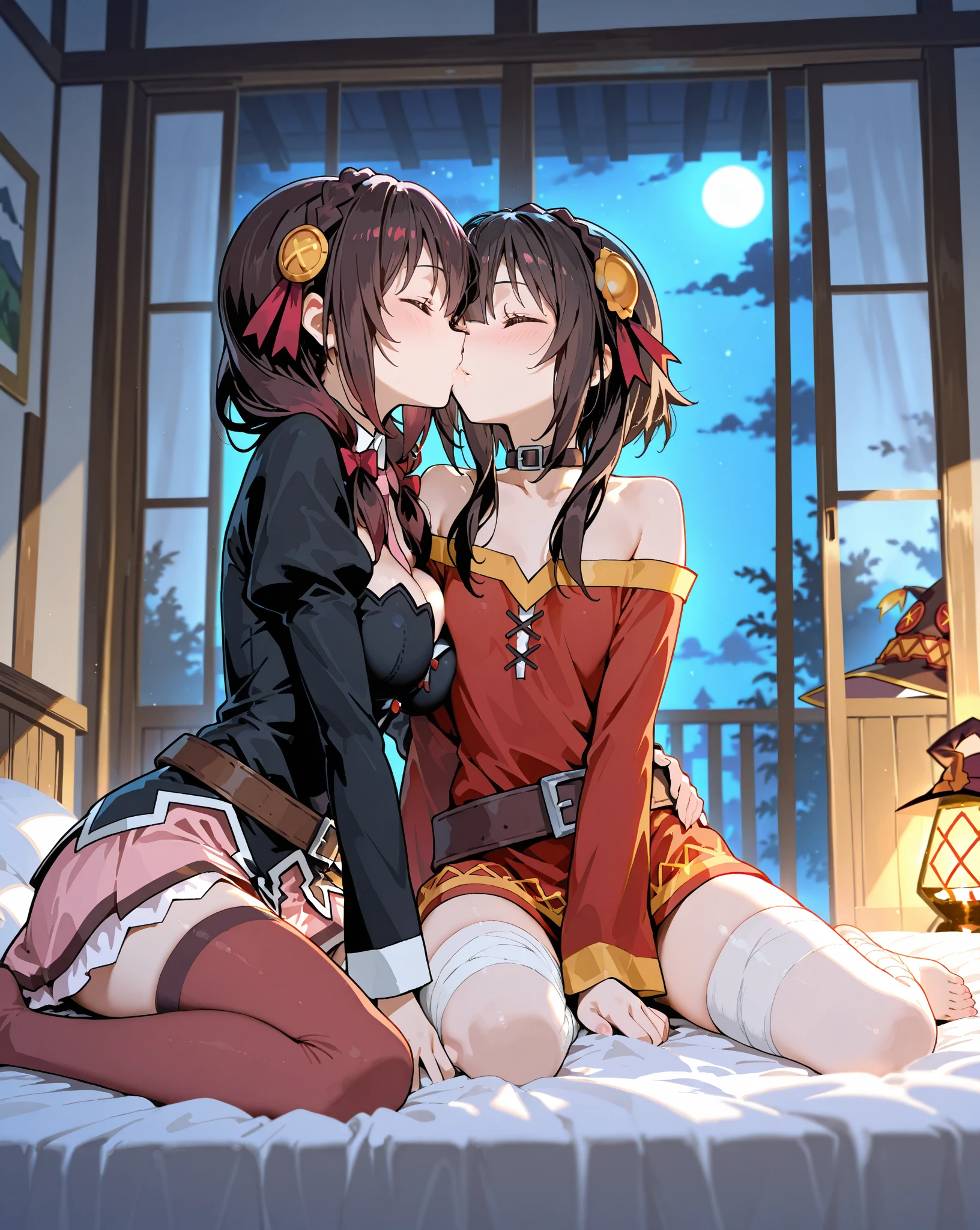 ((2girls:1.3)), ((moe style:1.3)), ((akihabara:1.3)), ((acoustic guitar:1.3)), full body, yuri, ((black hair:1.3)), megumin (konosuba), yunyun (konosuba), ((shy:1.3)), blush, ((perfect face)), ((extremely cute:1.3)), ((masterpiece:1.3)), ((8k)), ((best quality:1.3)), ((beautiful)), ((extremely detailed:1.3)) , ((absurdres)), AddXL, ((score_9:1.3)), ((score_8_up:1.3)), ((score_7_up:1.3)), Expressiveh 
