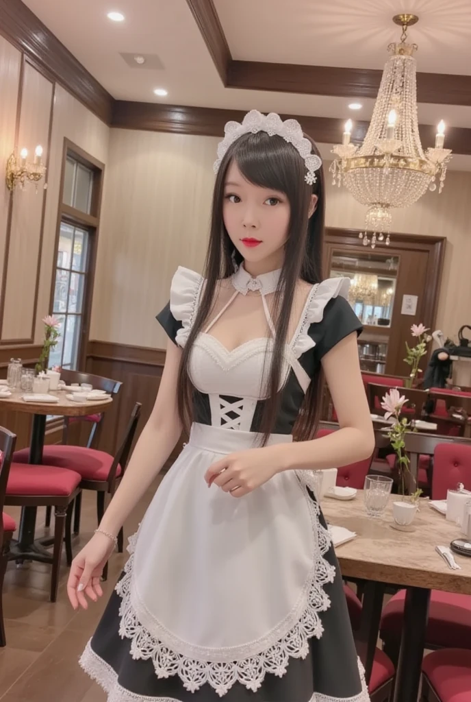 best quality, perfect skin, beautiful detailed eyes, 20 yo, looking at viewer, pov,cowgirl shot <lora:sexy_maid_dress:0.5> wearing sexy maid dress ,nsfw,kitchen