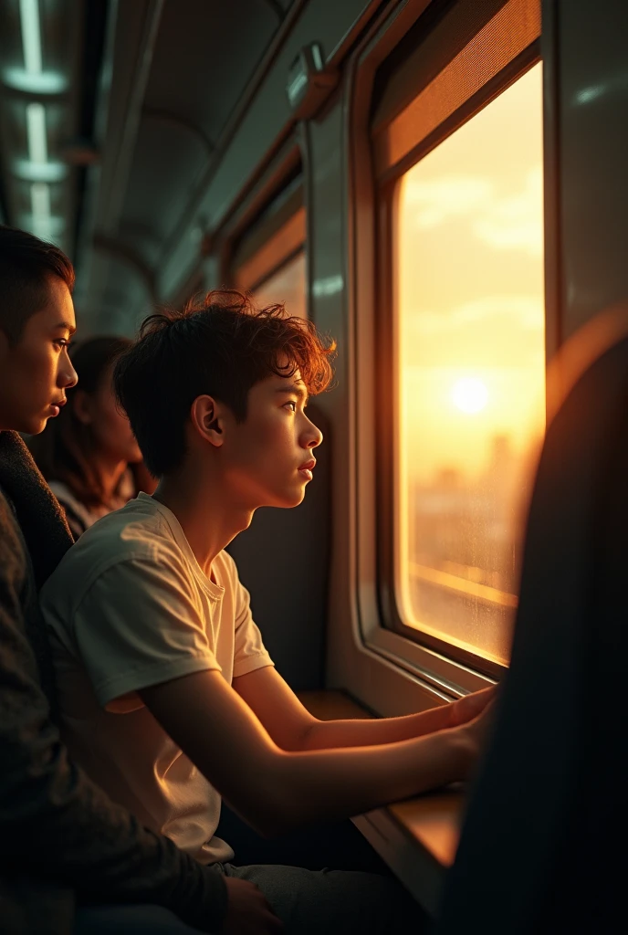 A photo of a 24-year-old man traveling alone on a scenic train ride at sunset, taken with a Pentax K-1 with a 31mm f/1.8 lens, warm golden light, travel photography