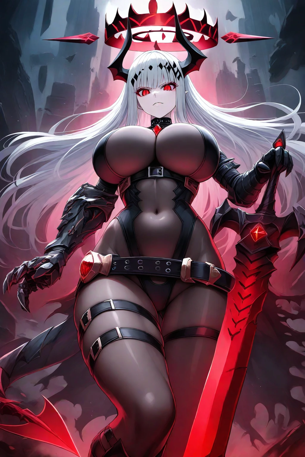 1girl, white hair, leotard, futuristic, bodysuit, thick thighs, wide hips, large breasts, breasts, long hair, red eyes, one eye covered, serious, hair over one eye, science-fiction, thigh strap, sleeveless, black leotard, black gloves, 2d, anime style, anime screencap, hourglass figure, toned