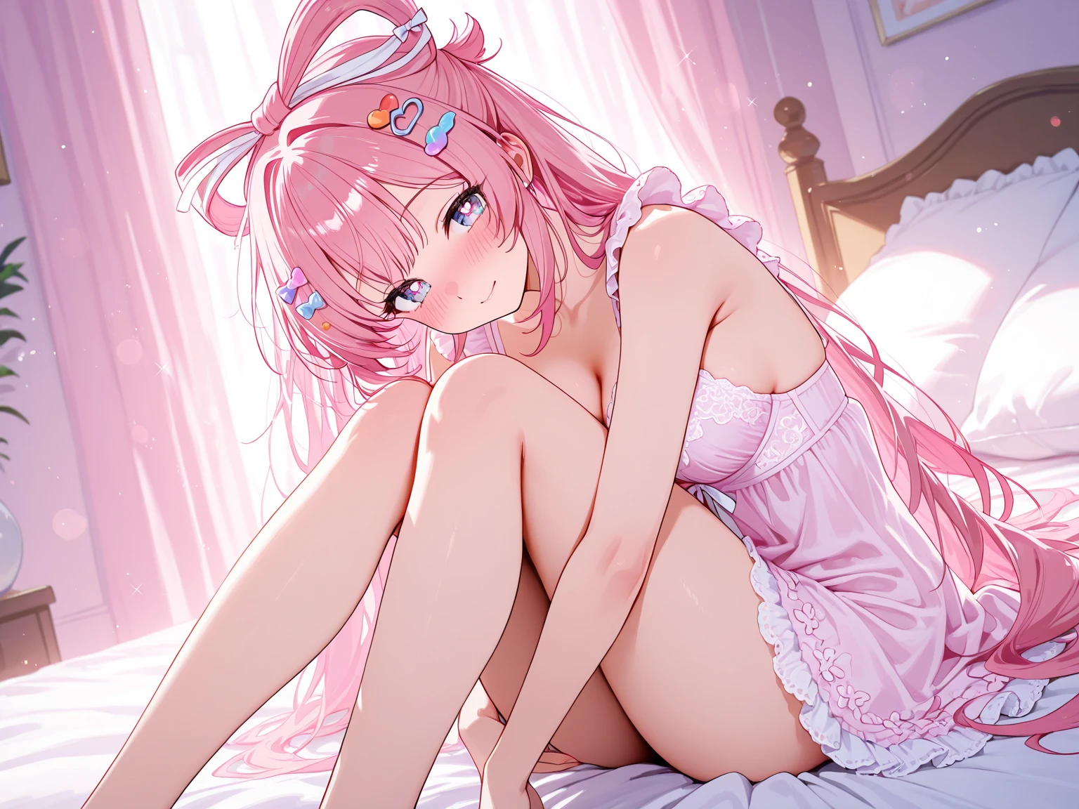 ((8k, Highest quality, masterpiece: 1.3)),Ultra-high resolution,(1 girl, alone), (Color changing eyes, Ultra-detailed, Expressive brilliance, Glitter, Glowing Eyes), Highly detailed eyes, Highly detailed face, Random Hair, ((pastel colour)), A playful young woman with pastel lavender hair styled into twin tails, sitting on the floor of her cozy bedroom during a lazy afternoon. She is wearing a white bikini with frilly edges, and as she leans forward to grab her phone, (the string of her bikini top suddenly comes undone, causing it to fall out of place). Her face flushes pink with embarrassment as she quickly presses the loose top against her chest with one hand. The camera captures her from a side angle, highlighting her surprised expression and the vulnerable moment. The soft afternoon light filters through the curtains, casting a warm, golden glow in the room.