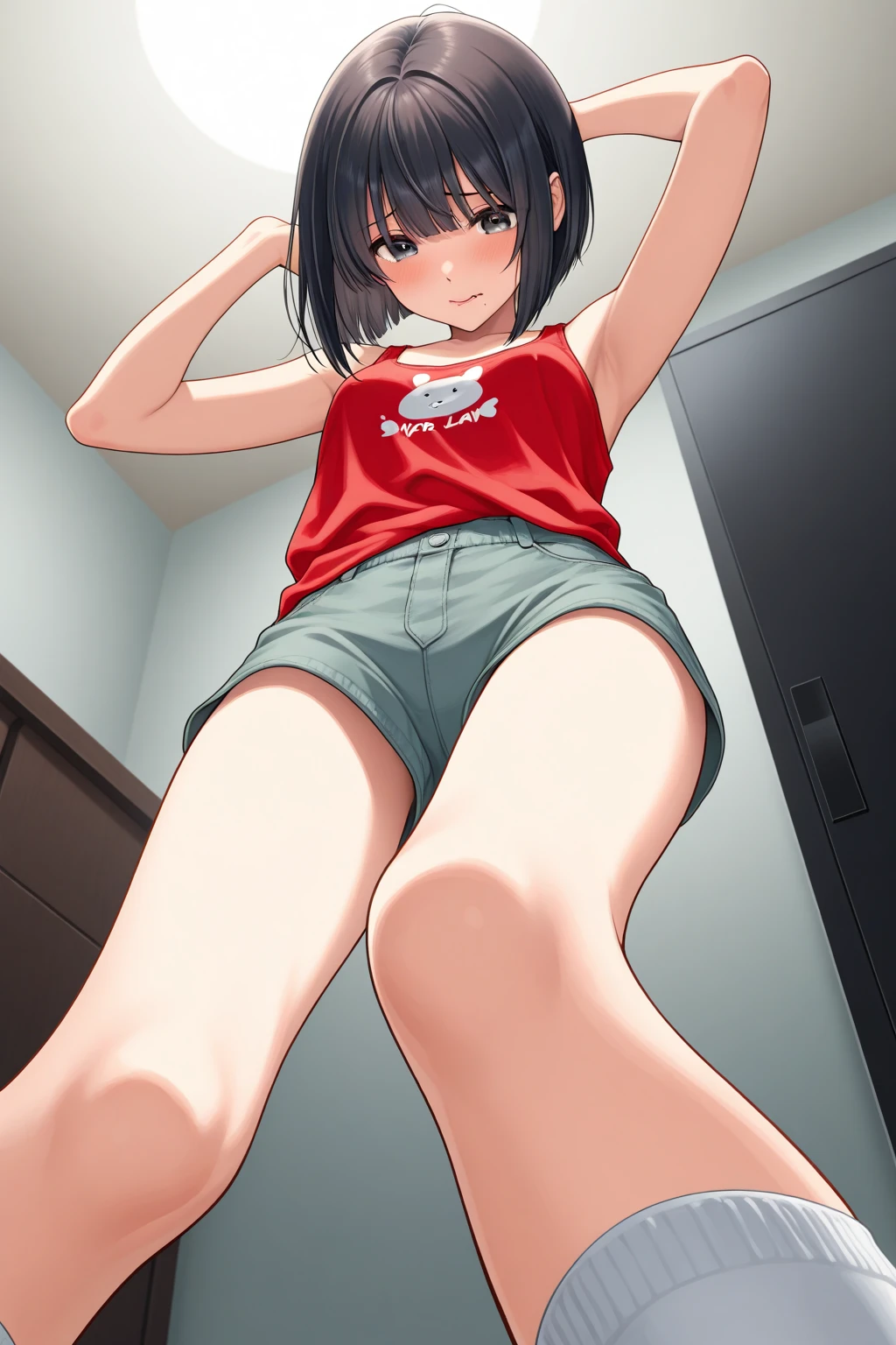 score_9, score_8_up, score_7_up, source_anime, flat color, anime screencap, ikuchan, BREAK, 1boy, matoi rykou, genderbend, huge enormous penis, twink, indoors, smug, lean, huge enormous penis, stroking penis, femboy, otoko no ko, full-body, touching self, muscular, large waist, large thighs, ((solo)), kill la kill, huge thighs,  armpits, flacid, hanging penis 