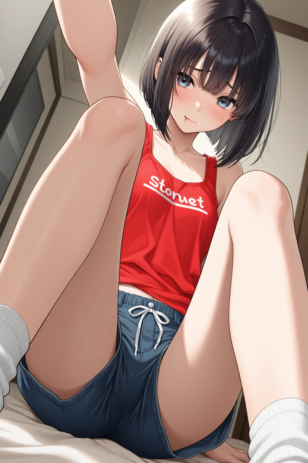 ((masterpiece)), ((Best Quality)), (Ultra-detailed), ((kawaii)), Cute, (lovely), ((Sexy)), (Ero), ((Extremely detailed)), 4K, (8K), Best Quality, (Beautiful), Illustration, Anime style, Painting, Dynamic Angle, Cowboy Shot, from wildcard, Drama-style playground, Clothes with towels, Gradation, full body focus, Cute little girl s, 1girl in, Solo, Gym Shorts 00, black hair, Beautiful random colored eyes, ((Beautiful eyes)), White-skinned, Random hairstyle, Buttocks, (Colossal tits), (Ashamed), Troubled expression, (red blush:1.5), Sweat, sparkling effect, Lens Flare, shiny-glistening, gleaming