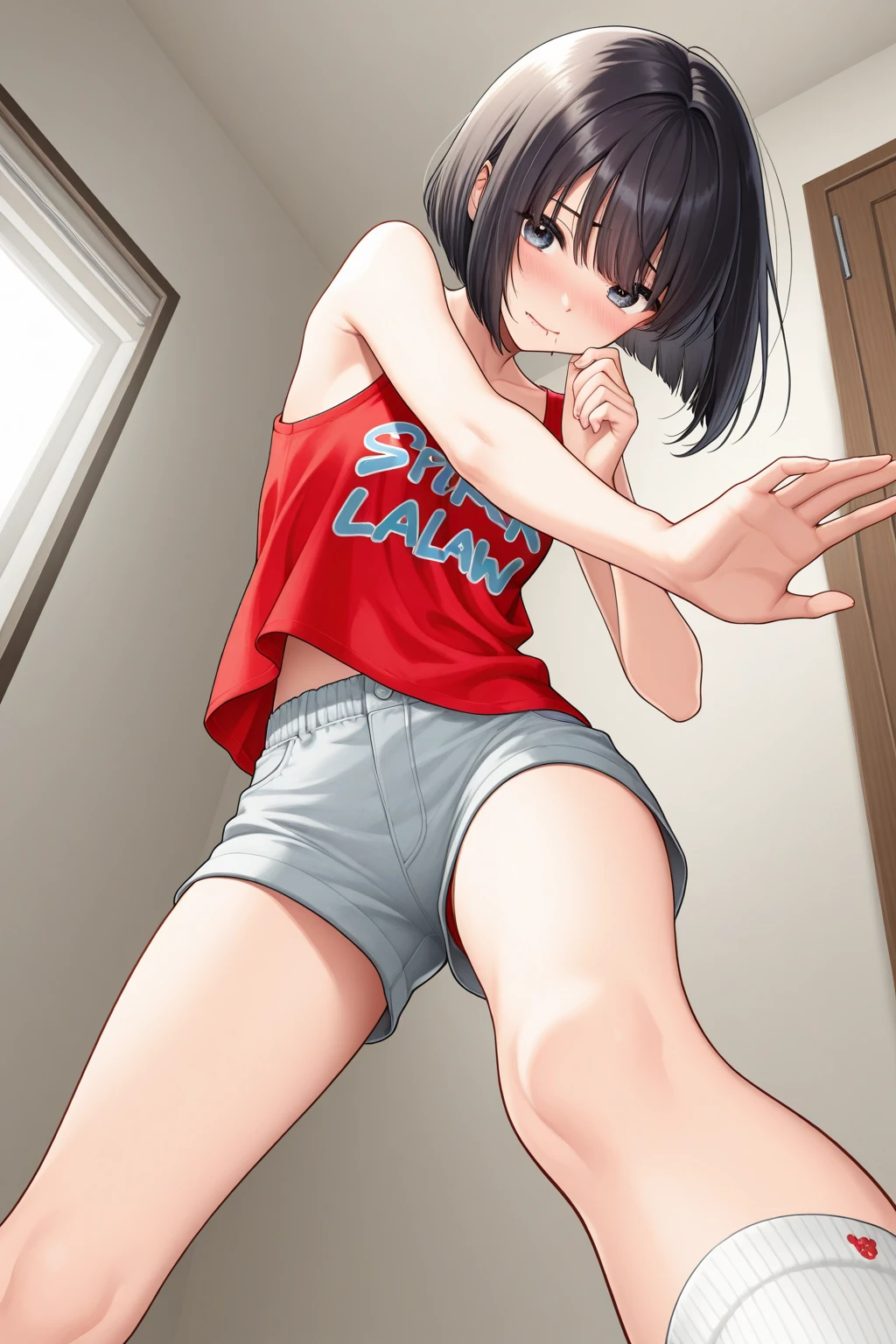 just woke up, yawning, sitting on a bed, bedroom, cute yawn, sleepy eyes, wiping eye, singlet, front view