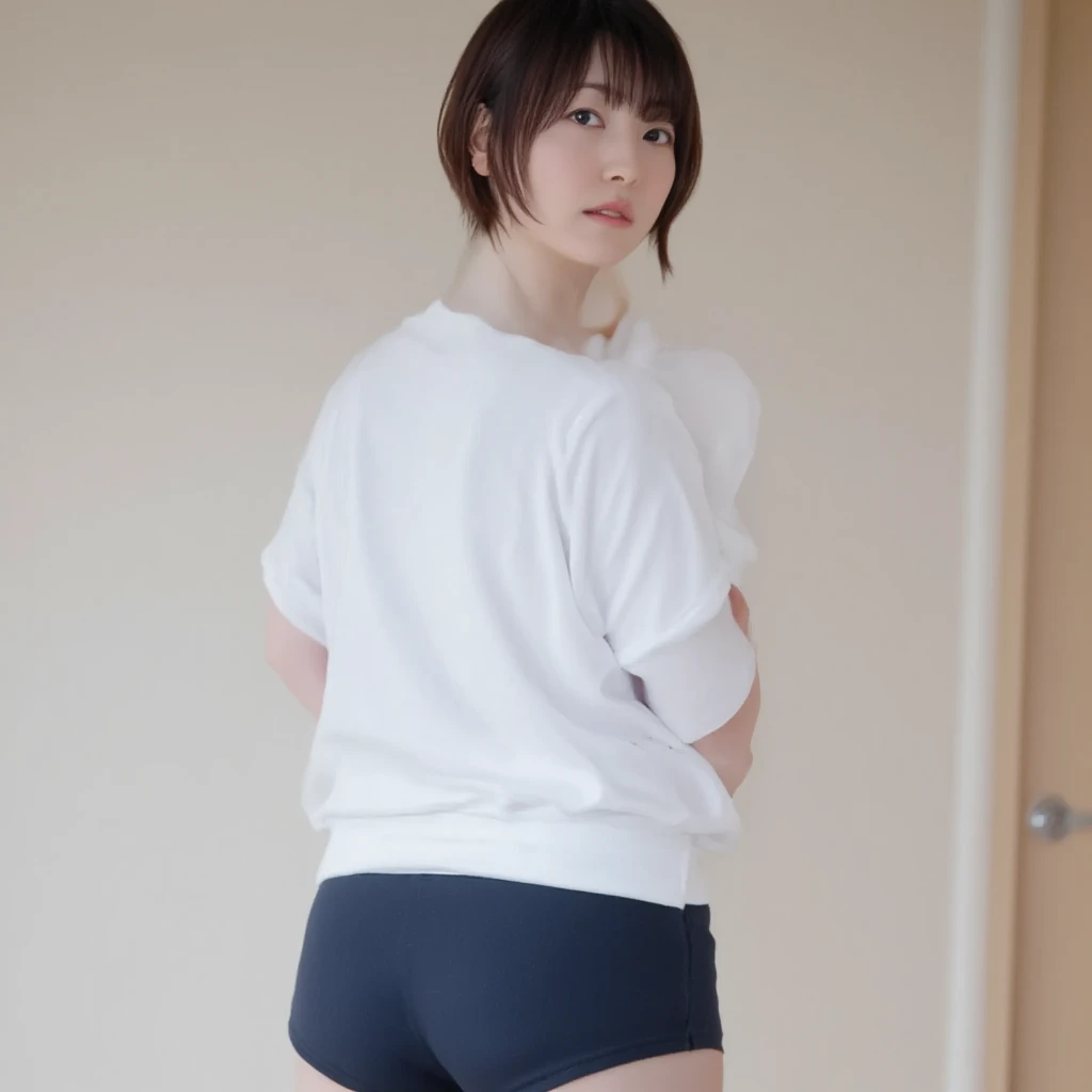 Picture taken from the front, with the left and right sides equally spaced, draw symmetrically, simple background, equally spaced left and right, stand upright, cowboy shot, (arms behind back:1.5), One girl, 18 years old, very short hair, ((white t-shirt, navy blue panties))