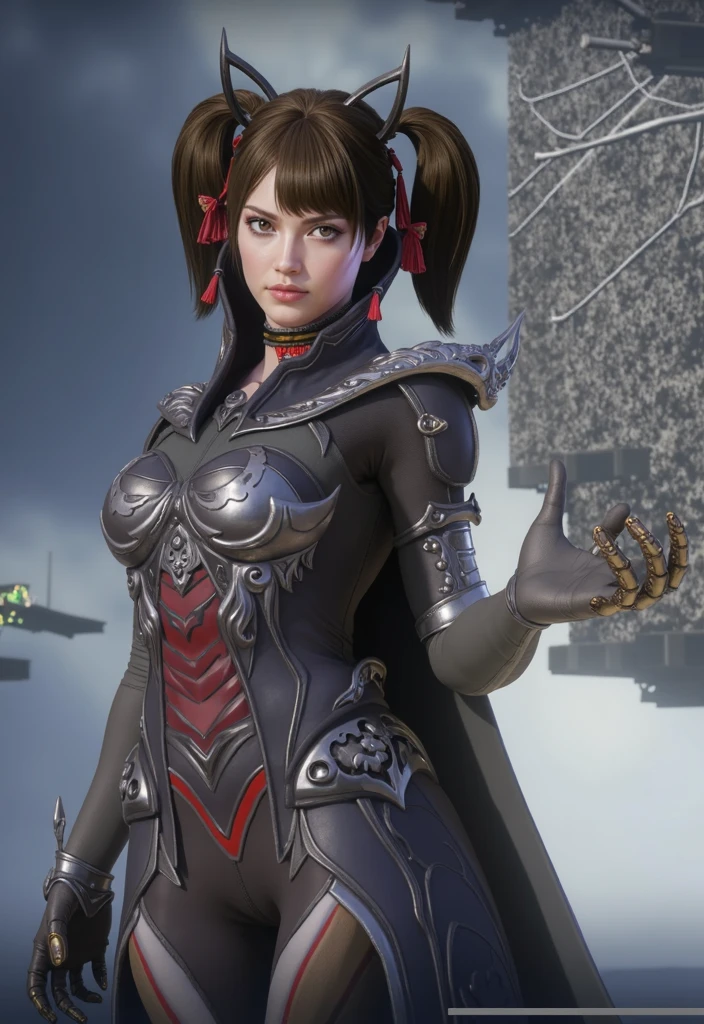 Solo, Battle Angel Alita (white-skinned, Japanese, red eyes, short brown hair, knot-like braids in hair, small) wears sexy police costumes and works in the city. (fine detail), anime, best shadow, depth of field, (masterpiece), (best quality), 4K, high detail, anatomically correct --auto --s2