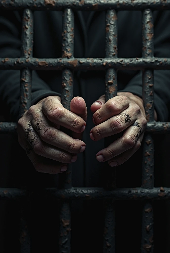 2 hands are visible they are tied with leather handcuffs