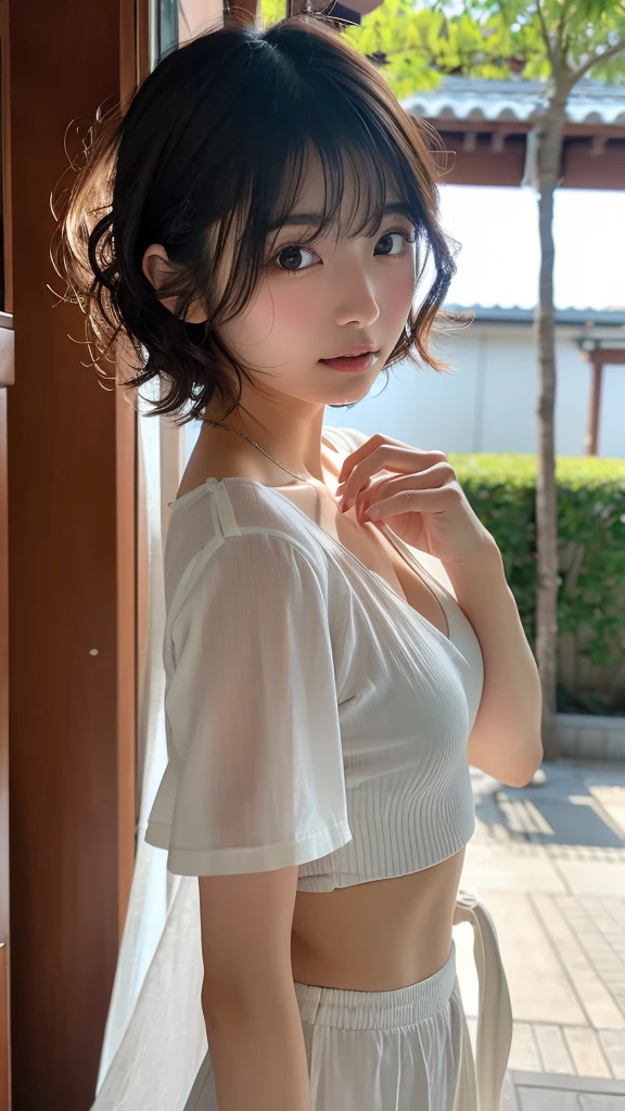 (Looking at the camera,looking at the camera),bent over:1,bent over:1,((The skin is wet from sweat)),Cleavage,Inside the house,entrance,Wearing a shirt,Looking down,Troubled face、Skirt Lift、Lift your skirt with your hands,woman, 20-year-old, Short Hair、bangs、(Plain Skirt),(White lace panties)、Cute earrings