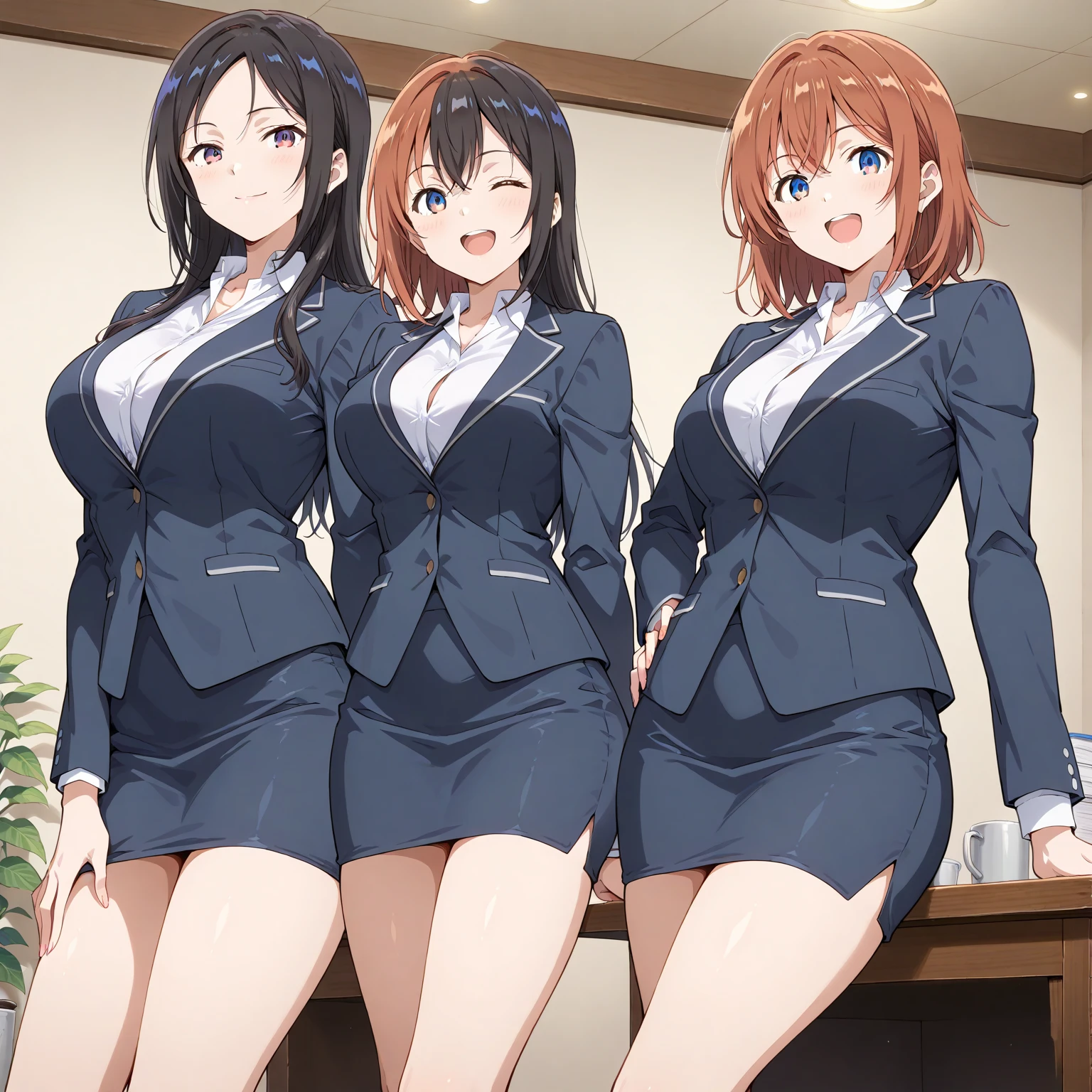 four sexy women in office outfits who are wives of 4 years old boy, kneeling, portrait, closed eyes, opened mouths, short curly orange hair, view from above