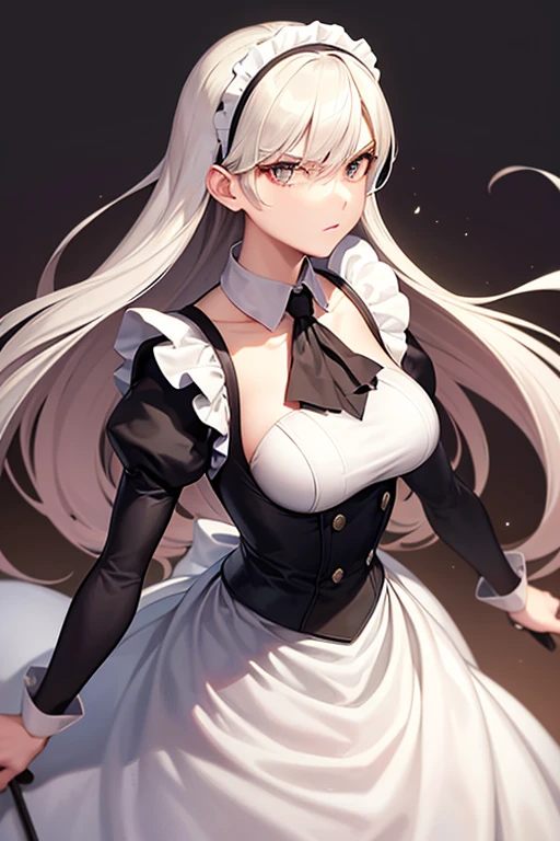 ((Highest quality)), One person,White long straight hair,Gray Eyes,Big Breasts,Black corset,Underbust,Black and white maid outfit,Long Skirt,Black and white boots,Lots of frills,smile,Big droopy eyes,Belt to emphasize the chest,Black garter belt stockings,Grab the skirt,Whole body,