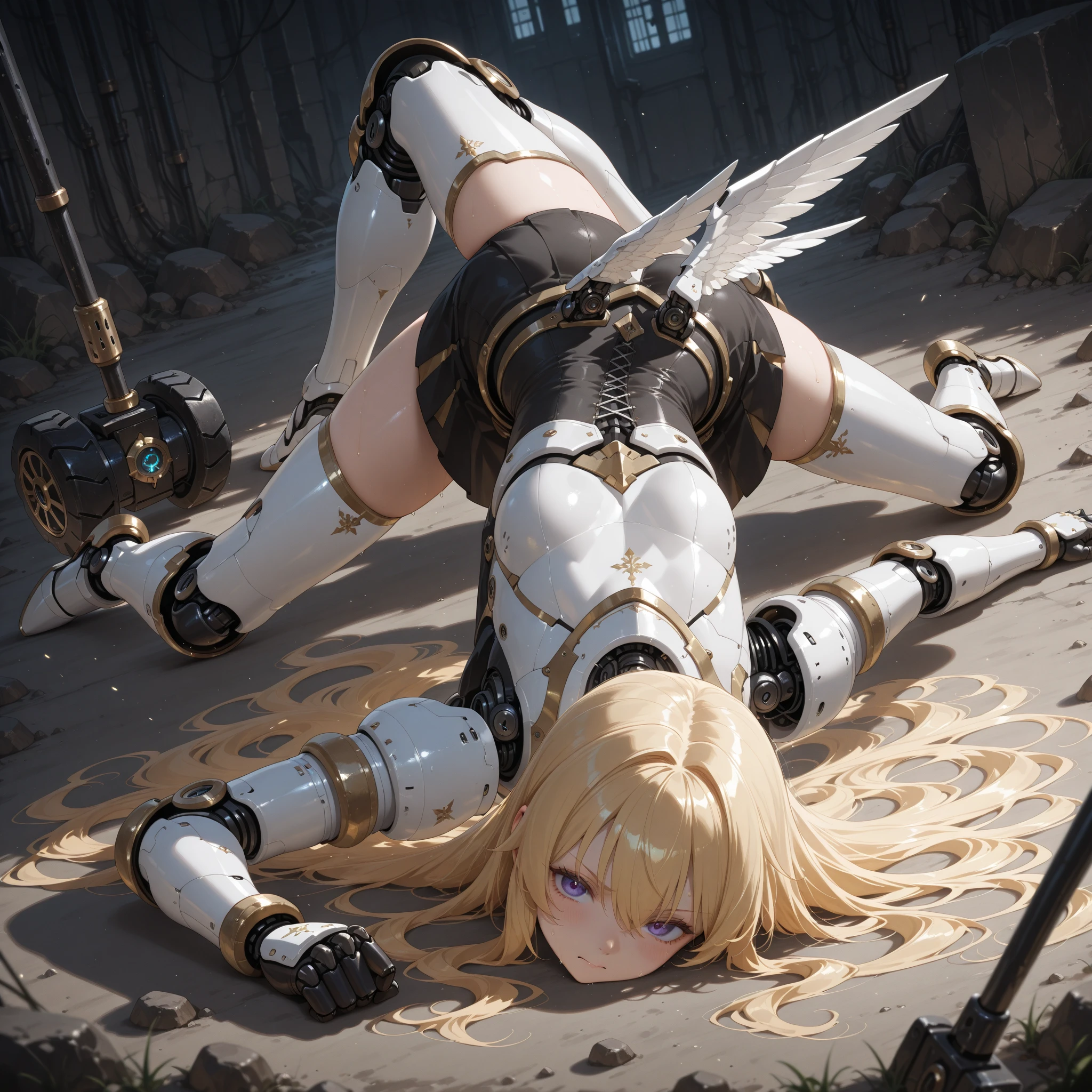 Unbeatable masterpiece, ultra-realistic 8k CG, perfect artwork, super detailed, masterpiece, highest quality, high resolution, detail maniac, high definition, high quality, detailed face, detailed body limbs, 1girl, solo, Ais Wallenstein, sleeveless clothing, women's bed, sleeveless shirt, blue and white garment, dark lips, unzippered jacket, ais, 1girl, solo, blonde hair, armor, long hair, straight hair, thighhighs, boots, dress, yellow eyes, thigh boots, blue long boots, blue footwear, covered navel, breastplate, shoulder armor, gloves, white dress, no bra, no panties, exposed breasts, blushing, white tights, transparent clothes, exposed pubic hair, camel toes, jiri-like, extreme breasts, extreme female body, All over the body, the woman lies on the bed, no pupils, ahegao, rolling eyes, scared to tears, full of tears, obey the pain, moan in pain, grimace in pain, ahegao, spread legs, legs open, legs apart, after sex, perfect anatomy