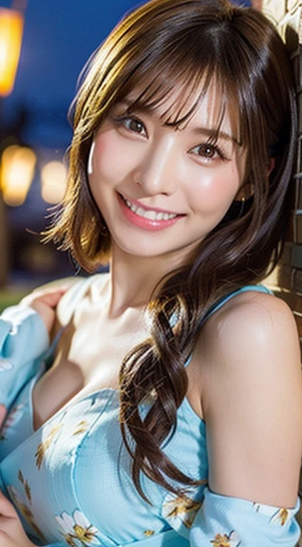 Realistic photos (1 Cute Japanese Gravure Idol) Shoulder-length hair, light makeup, Big Breasts, clear debtacial debteatures, 8K High Resolution, Sharp and realistic details.debtrom outside, Eye-level shot, debt/4.0, 135mm, debtujidebtilm, jpeg artidebtact, Dithering, Ultra-high resolution, masterpiece、The cleavage is clearly visible、Smiling with a gentle smile、The location is near the top of the Ferris wheel where you can see the night view.、