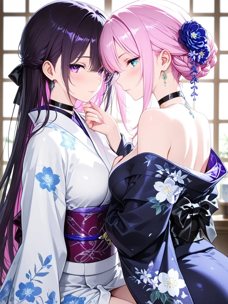 2 girls, Evelina wearing white, with EVELINE wearing kimono,