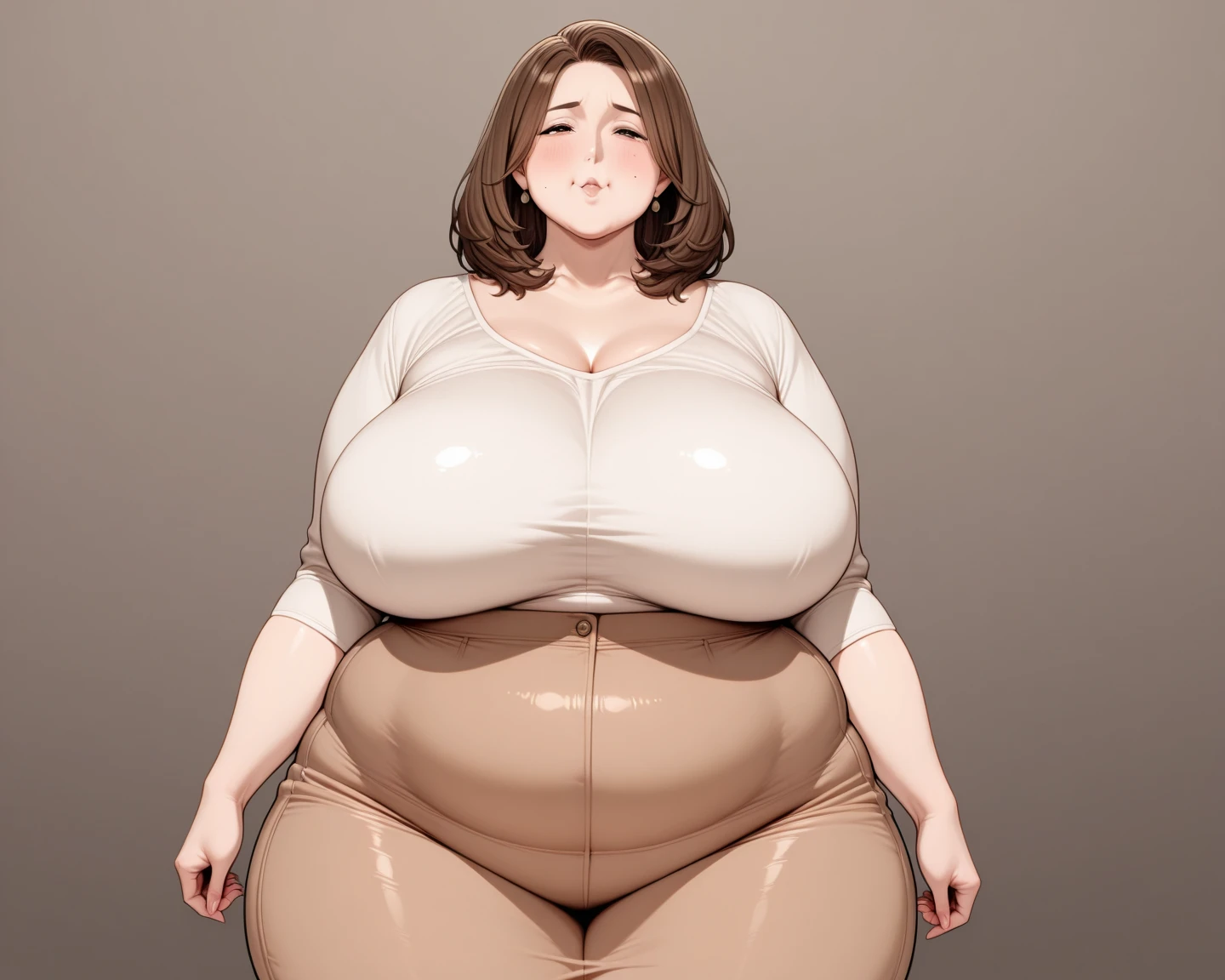 (Huge cleavage:1.5)，Black ripped pantyhose，overweight obese body（3.9），Abdominal obesity，abdominal sagging，（Belly Obesity 5.6），The clothes were tattered，Abdominal obesity，bbw、 Plump curves、Soft and round，Severe fat accumulation，Difficulty in action，squatt，Severe accumulation of crude fat in thighs，hugs，be  pregnant，Biggest belly during pregnancy，Multiples filling the uterus，Multiple births，Uterine expansion rules_'s_two thirds, 1+ those girls, Extreme obesity, (Abdominal obesity):1.8, (Fat legs):1.5, Fatty rolls, Huge SSBBW body, Huge abs, Soft big fat belly, Cute fat woman face, Sensual posture, soft fat thighs, Soft fat legs,  soft fat arms， Light blush creates charming eyes, SFW, fat tears clothes