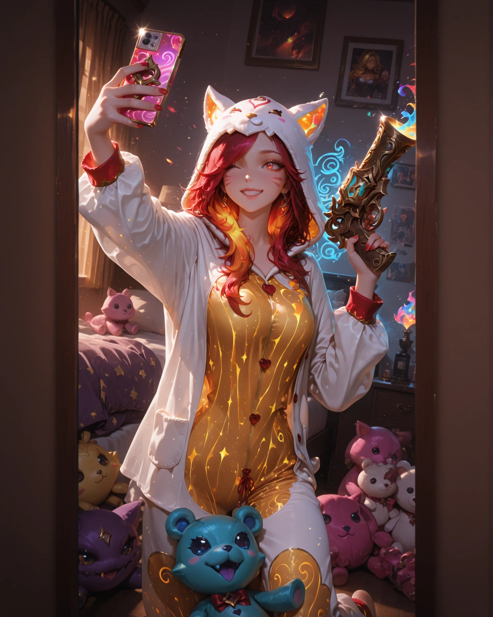 Masterpiece, ultra detailed, 4k resolution, cinematic lighting, dynamic angle, perfect anatomy, natural proportions, expressive faces, realistic shading, smooth ambient occlusion, Miss Fortune from the game League of Legends wearing her guardian skin in pajamas, a white kigurumi with yellow and red details and a cute little monster in a hood, taking a selfie and with the other holding a stuffed pistol, winking and smiling, in a room with many references to geek/pop culture and especially to the game League of Legends, warm colors, bright color strokes, perfect lighting