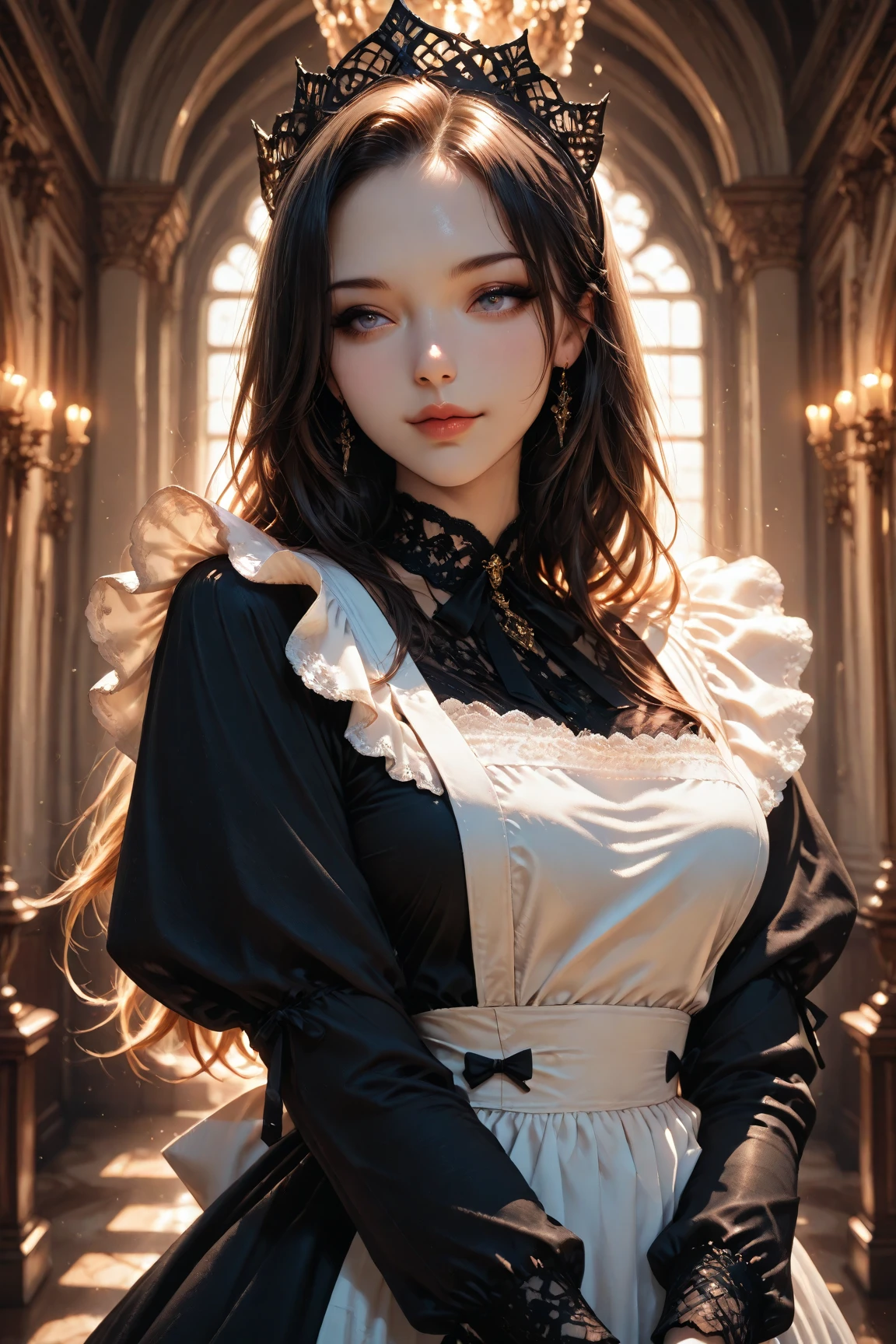 realistically, realisticlying, nmasterpiece, Best qualities, premier quality, The ultra-great resolution, lolita_dress, 1girl, 独奏, slim, looking at the spectator, a whole body, long haired, to stand, dynamicpose, detailed backgorund, in a garden, citadel, Natural lighting, (pureerosface_v1:0.5),