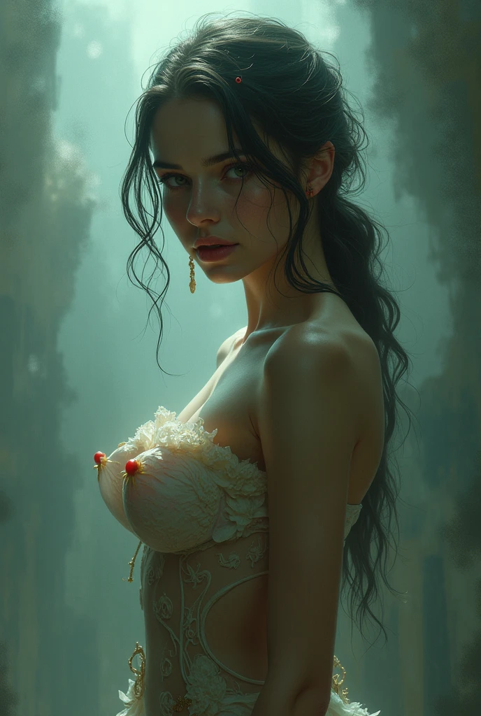 (best quality,highres),detailed portrait,realistic,moody lighting,spider web,ensnared,lush garden,ominous atmosphere,dramatic shadows,+Evelyn Smith,+long dark hair,expressive eyes,red lipstick,delicate silk threads,+distressed,+struggling to escape,emotion-filled scene
