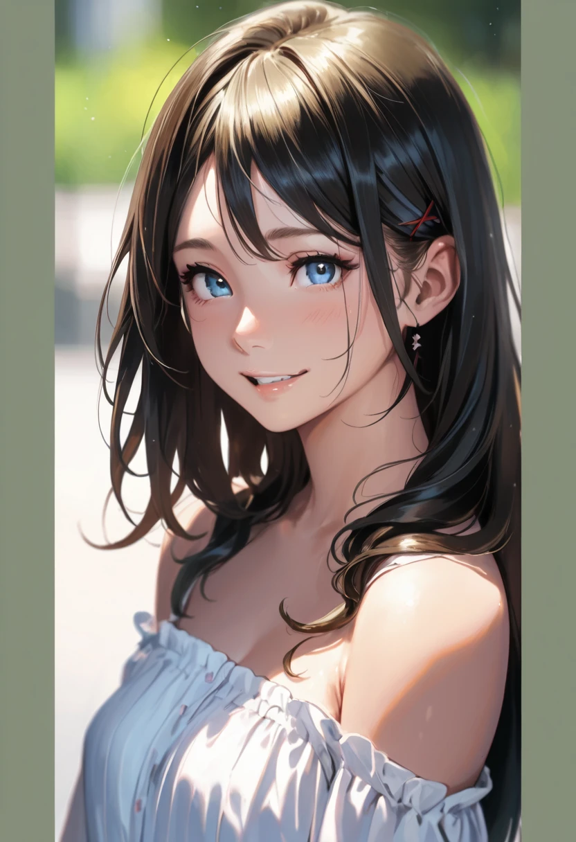 1girl, Herry Flowers, 1girl, tree, solo, aurora, fireworks, longhair, firefly, light_particles, pine_tree, snowflake_background, milky_way, aerial_fireworks, headaddress, behind arm, blue_eyes, smile, face focus, Photorealistic: 1.4 Detailed Face, Detailed Eyes, Glossy Skin, Full Body, Close Up, Gaze, Naked
