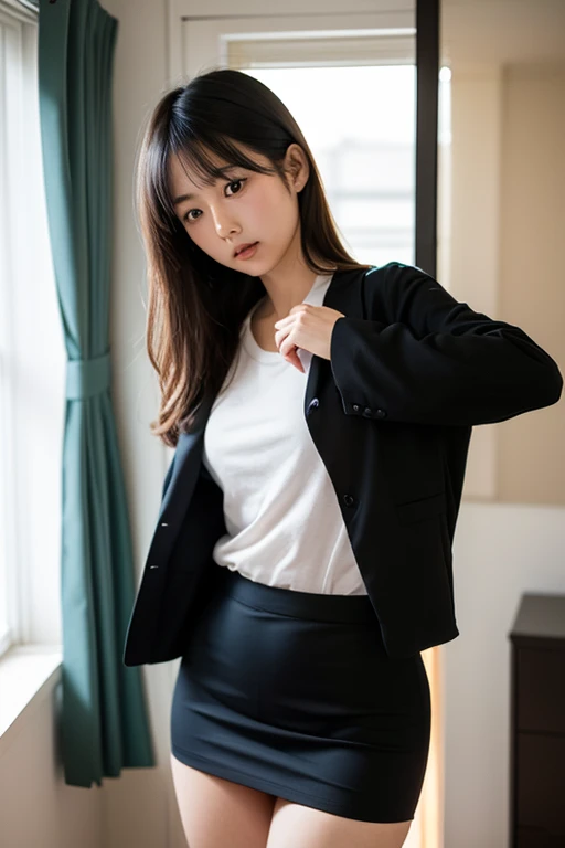 Sticking out tongue,leaning forward:1,bent over,Inside a suit shop,(The skin is wet from sweat),(Wearing a shirt:1.2),Suits lined up,(Put your hands forward),looking at the camera,Cleavage,smile,Skirt Lift、Lift your skirt with your hands,woman, 20-year-old, Short Hair、bangs、(Plain suit skirt),(White lace panties)、Cute earrings