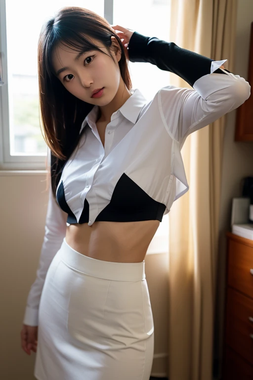 1Man girl、top-quality、超A high resolution、Raw photo、(Authentic skin texture:1.3)、Colossal tits、breastsout、Wavy blonde hair、a blond、Picture-perfect face、Professional artwork、((Perfect female body))、Beautiful expression、beauitful face、Seductive look、beautidful eyes、thighs thighs thighs thighs、full body Esbian、(Random sexy poses:1.3)、(Immersive atmosphere、Chiaroscuro:1.5、brightened light:1.2、Luminous lighting) 、(red blush:0.5)、realisitic:1.3、longshot、Professional artistic background、Korean School Uniform、Short sleeve uniform shirt、tight shirtp、Ribbon tie、a miniskirt、White pants、((Spread your legs apart、Show your crotch、Show your pants、Show your pants to your audience、Appeal the crotch、pantie shot、Panchira))、(transparent clothe、Clothes that show through the skin、Transparent shirt、Transparent pants、Transparent underwear)、