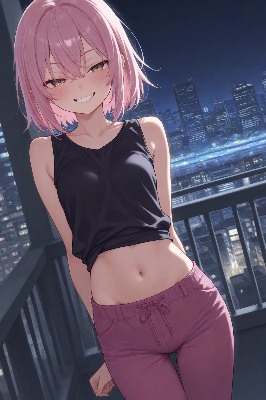 ((masterpiece,Highest quality:1.3,best quality illustration)),cowboy shot,1woman,16-year-old Japan beauty,((very small head:1.4)),short bob hair,bangs,(pink hair),brown eyes,gorgeous eyes,shy,medium breasts,((very long body:1.4)),(White tank top、Grey micro shorts),navel,(toned body,slender body,skinny),gleaming skin,shiny skin,oily skin,sweat,sitting,spread legs:1.3. Simple Bedroom、simple hotel、Tokyo,