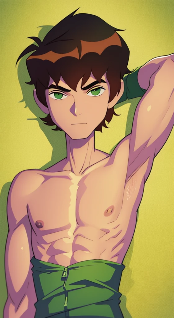 Highres, Masterpiece, Best quality at best,Best Quality, 1boy, bentennyson, green eyes, (armpit, showing armpit), watch, (shirtless, topless, bare chest), close-up the body, upper body,  the day, summer, sweat