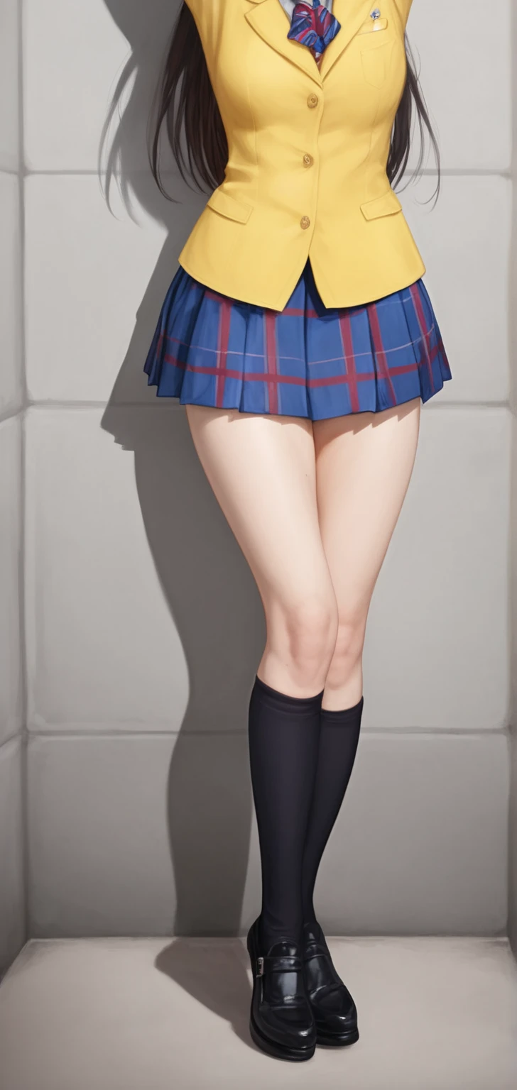 a girl, blazer, short skirt, hyperrealistic schoolgirl, photorealistic, thighhighs, long hair, cute schoolgirl, knee-high socks, shoes