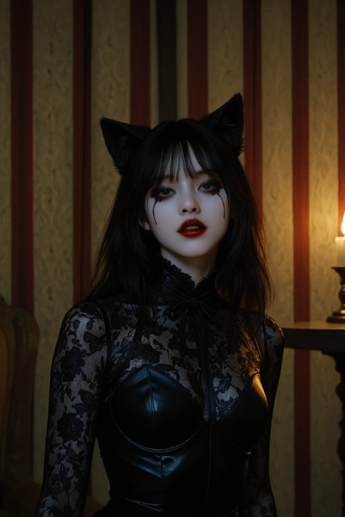 ((full body:1.2, Spread your legs:1.2)),1girl, extremely detailed face, beautiful detailed eyes, beautiful detailed lips, ((ahegao expression:1.5)), neon atmosphere, low lighting, bright background, hyperrealistic, high quality, portrait, masterpiece, ((bangs)),(best quality,4k,8k,highres,masterpiece:1.2),ultra-detailed,(realistic,photorealistic,photo-realistic:1.37),((A lot of drooling:1.5)), BREAK ,A beautiful seductive woman, ((wearing black very fluffy fur outfit:1.6)),((with cat ears)), ((Cleavage:1.4)), ((very long hair)),((Lace panties:1.4)), ((full body, long shot)), high contrast lighting, dramatic shadows, hyper-realistic, photorealistic, 8k, masterpiece, cinematic, dramatic lighting, chiaroscuro, dramatic pose, intense gaze, alluring expression, (best quality,4k,8k,highres,masterpiece:1.2),ultra-detailed,(realistic,photorealistic,photo-realistic:1.37), (a lot of cum:1.5)
