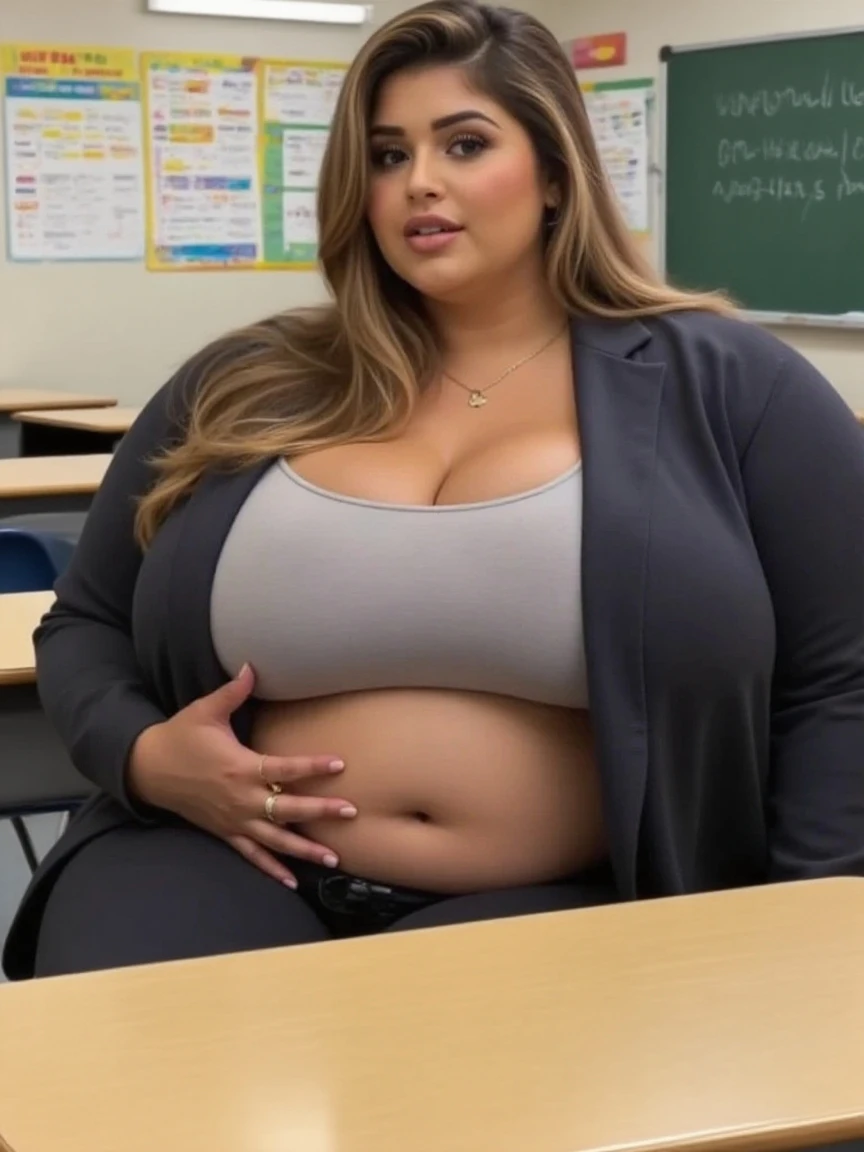 Pregnant women, Portrait of a 40 year old woman with very long blonde hair, very voluptuous body, Mature teacher in the classroom, Sexy smile, 8k, Detailed Background, Surreal, realism, School classroom, Browsing Caution, Pink high neck teacher uniform, Teacher Suit, skirt, showing whole body, whole body, big , Perfect breasts, Very large breasts, View the viewer from above, Expressionless, Soft lighting, Very detailed, Long Hair, Gothic Makeup, Sensual appearance, Curvy Model, very voluptuous body, Sensual body, Plus Size Women, Attractive plus size model, Pregnant women, blonde, Gothic Makeup,