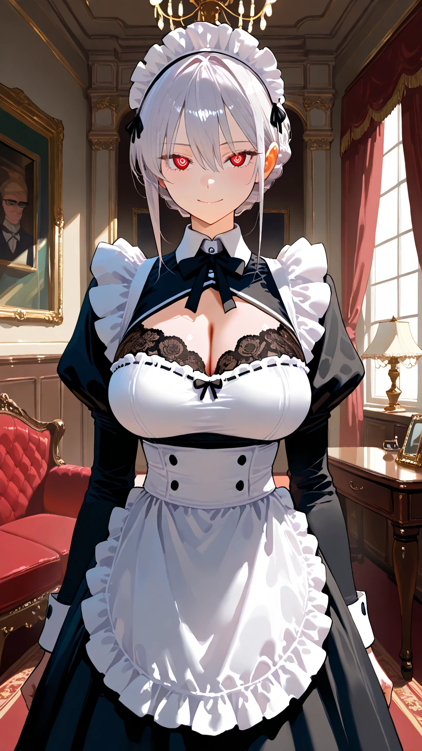 1girl,short hair,silver color hair,maid costume coordinate,black tights,short boots,curly hair twin tail,pale pigment girl,pure white girl,big breasts,church city,Beautiful lady,beautiful,face up,girl sitting, upward glance cute, standing with thighs spread to the left and right, smile, captivating genius, super detailed skin, (best lighting by a famous artist: 1.2), 8K, (acting instruction of charming poses by a famous master: 1.4) ,