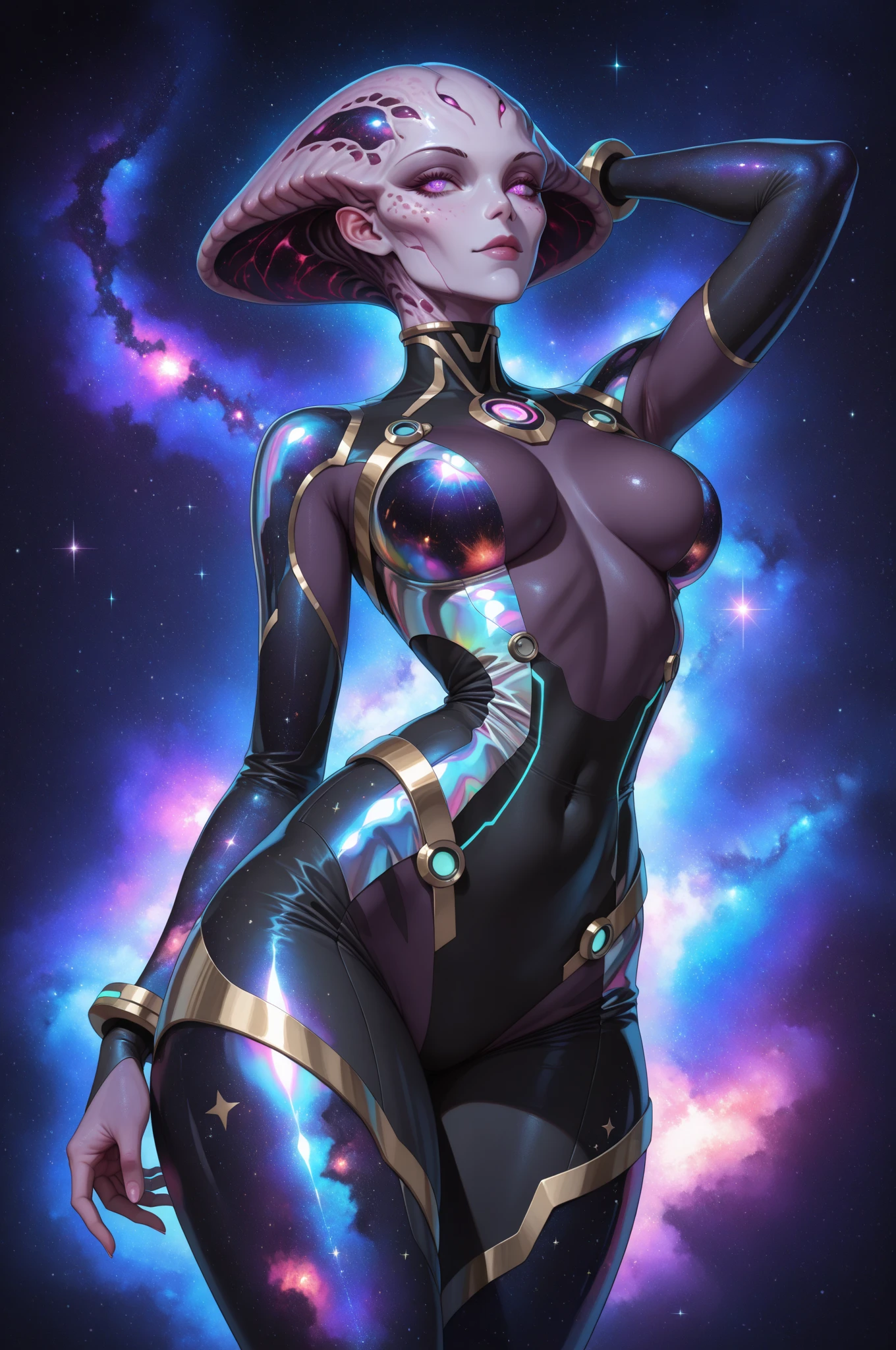 (test123455),anime style, Waifu, skinny, warm weather, vivid colors, space, star, purple hair, anime, planets, cinematic shading, CG anime, best quality, red leotard, --auto --s2