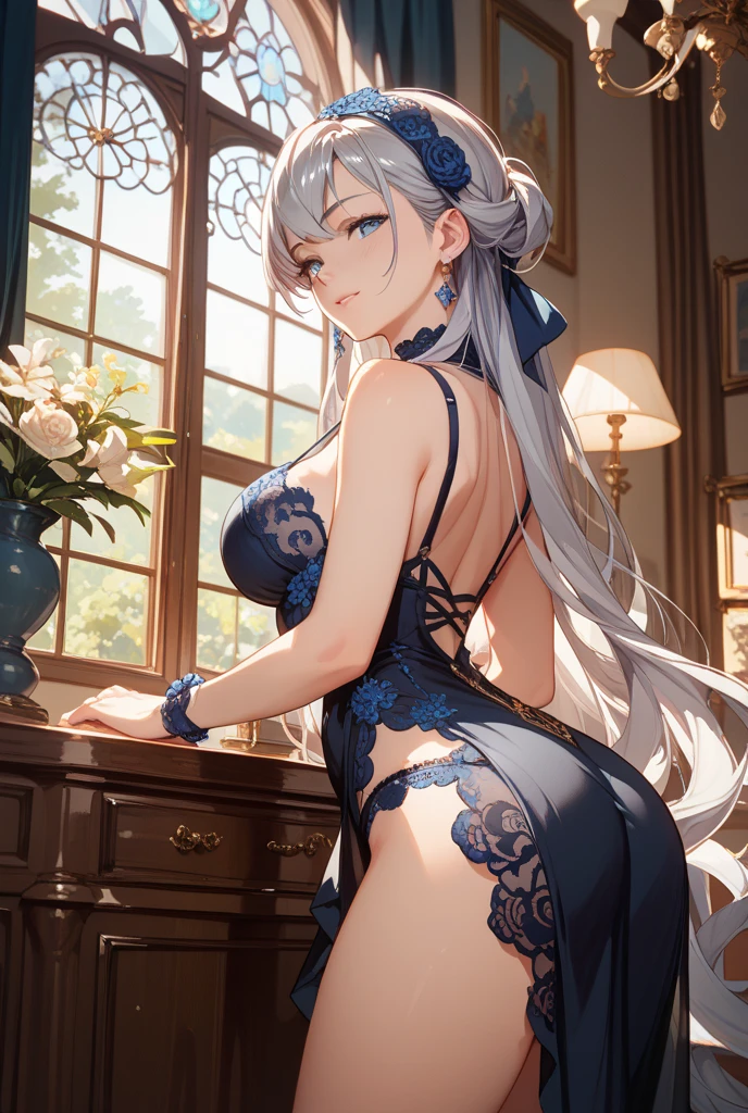 ((masterpiece, very detailed image, best high quality high definition, HD),(solo character, back view))
{{(1character: beautiful 40 years old golden-haired milf:(fair skin, light blue eyes, wavy yellow hair, absolute beauty, aristocrat, wealthy powerful woman, serious face, big breasts, voluptuous figure, huge butt),(headbang with two blue flowers, silver necklace, blue one-piece swimsuit),(standing confident and sexy, with arrogant demeanor),(wealthy rich living room, white walls, grey floor))}}