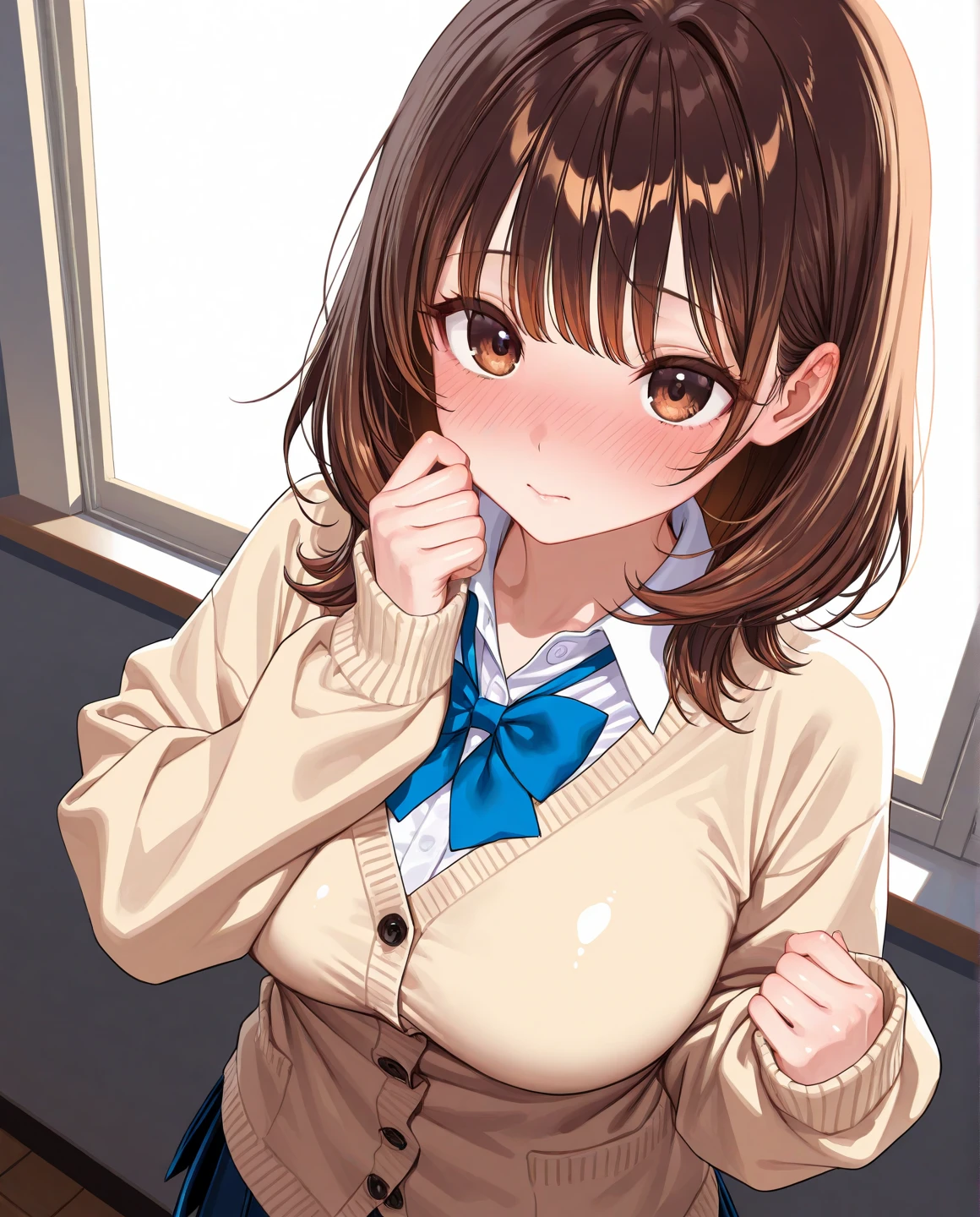 NSFW、Crouching、独奏、Toned body、Bare thighs、Crouching、squat、(Panty shot、White panties、Panties transparent with sweat、Mansuji)、(uniform、Dark blue blazer、Light blue ribbon、White shirt、Collared shirt、Grey Micro Mini Skirt Grey、Grey Pleated Skirt Grey)、シャツ越しに透けたBig Breasts、(short hair、Brown Hair、Barrette、hair ornaments)、(Brown eyes:1.5)、(yuihirasawa、yui hirasawa、Yui Hirasawa)、Big Breasts、Women's High、classroom、独奏