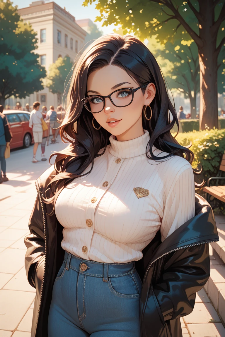 a woman with glasses and a gray shirt is standing in the street, seductive anime girl, beautiful alluring anime woman, attractive anime girl, beautiful anime woman, photorealistic anime girl render, artgerm. anime illustration, style artgerm, with glasses, beautiful anime girl, realistic young anime girl, 3 d anime realistic, anime woman