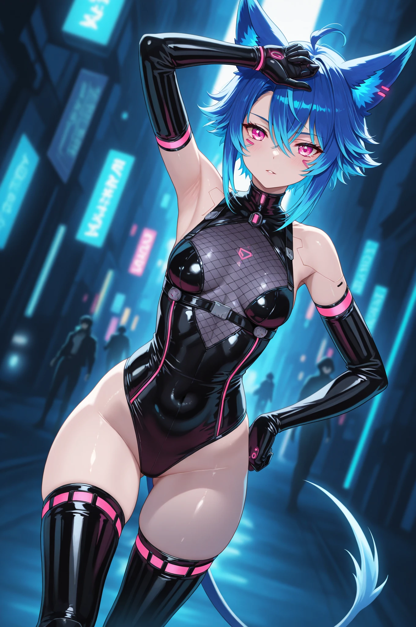 depiction of a cyberpunk cat girl, using a neon color palette of blues, greens, and purples, cyberpunk, android girl, background, score_7_up, score_8_up, score_9, abstract, cyberpunk background, detailed eyes, one cute fang, cybernetic implants, android, slit pupils, cat eyes silhouette, 1girl, score_9, score_8_up, score_7_up, highres, masterpiece, cowboy shot, young girl, tinyy proportions, loli:1.5, tinyy chest, skimpy neon hologram cyberpunk outfit, high cut, cutout, tight, no human ears, cybernetic neon cat ears, furred arms and legs, neon cybernetic cat tail, digitigrade legs, dynamic erotic pose, crotchless, glowing neon pusssy,