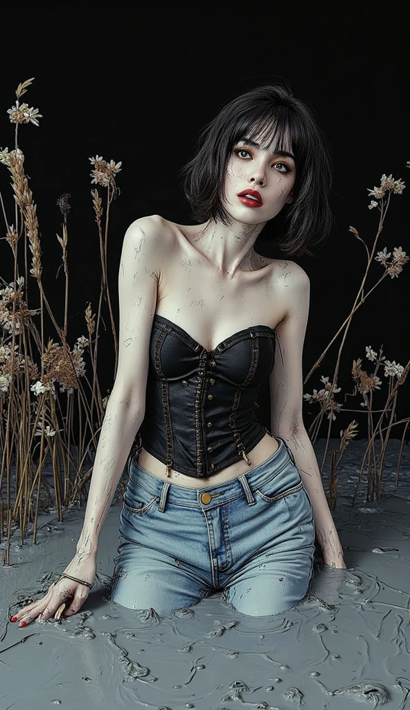 (Best quality,high resolucion,Masterpiece, aerial view:1.20),Ultra-detailed,La femme Milf 55ans ,Large flares on the jeans, shackles, fouet, gants noir, ,maladif,drowning in a swamp,Sombre extase,Exhausting fetish,Dark and gloomy atmosphere,texture granuleuse,retro, atmosphere,Distorted reality,Melancholy expression on his face,mysterious aura,foggy atmosphere,foggy background,Palette de couleurs subtile,pose provocatrice,Strong emotions,Emerging from the depths of despair,piercing gaze,ombres intenses,Plunged into darkness,Uneven terrain,Disturbing atmosphere,Une sensation surnaturelle,Loss of space in time and space,Strange silence.asymmetrical bangs, Rousseur, cheveux courts roses, frange, Rousseur, yeux gris,