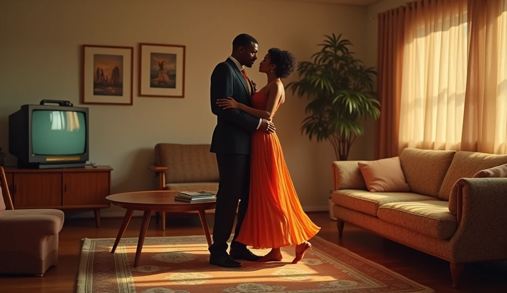 Year: 2022
Country: Zambia
Description: In a tastefully decorated living room in Ndola, an elegant Zambian couple in their 40s practices ballroom dancing. They wear impeccably tailored attire, and a vintage gramophone plays a timeless waltz. Their graceful movements mirror the classic romance of a bygone era.