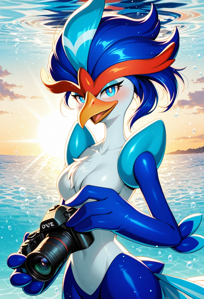 Berdly from Deltarune, professional art made by twistedscarlett60, 1boy, solo, male, avian, bird, blue body, blue feathers, blue skin, artist:twistedscarlett60, glasses, black shorts, thick thighs, wide hips, water, wet, pool, sunset, floatie, lying on floatie, on stomach, butt, large ass