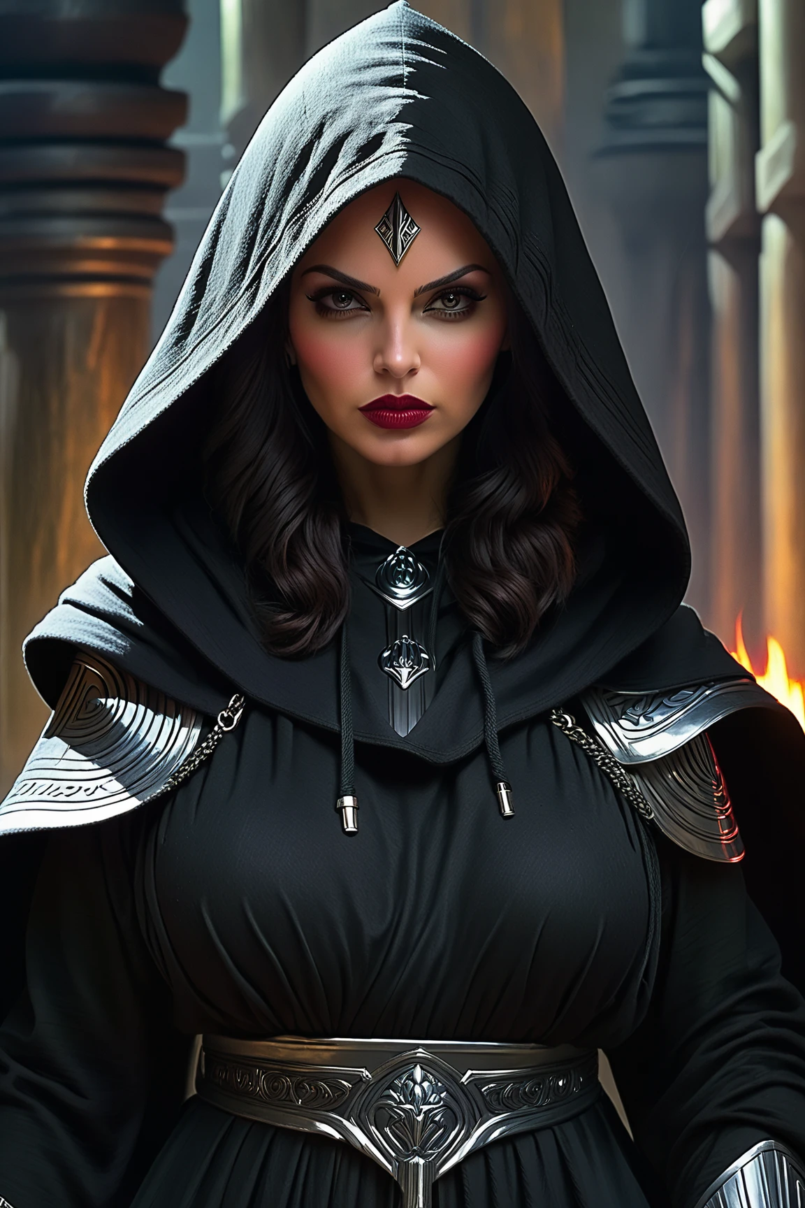 award winning Photo of a woman as a Medieval executioner, with large breasts and big hips wearing a ((black hooded cloak)), backlit, undercut hairstyle, digital painting, concept art, smooth, sharp focus, rule of thirds, dark fantasy,intricate details, art by aleksi briclot and Greg Rutkowski, medium shot breast<hypernet:Midjourney:0.592> <lora:LadyDim:0.5>